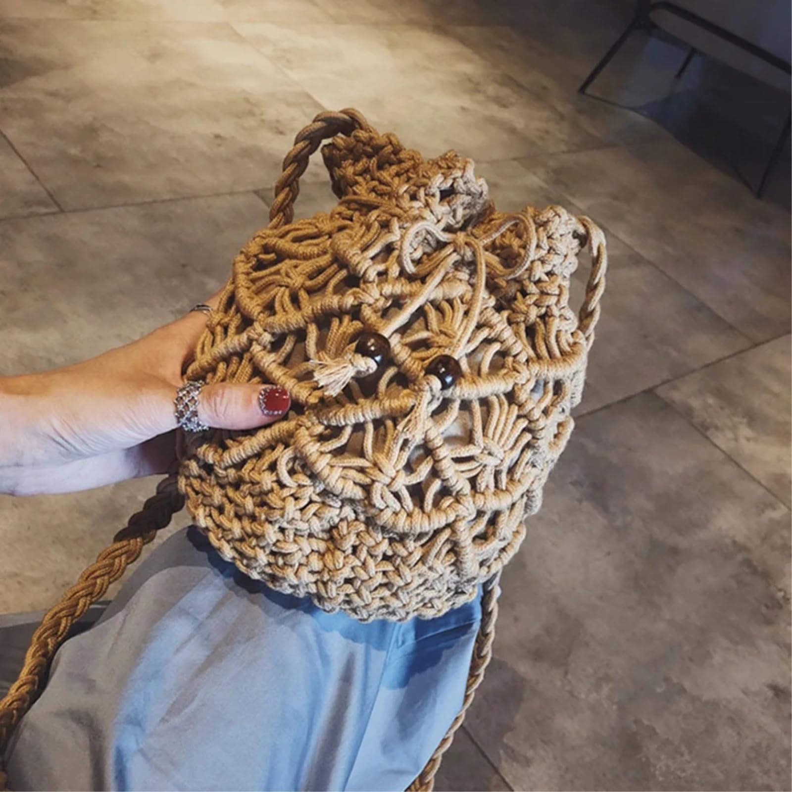 Bolso de Hombro Cubo Cordón Ganchillo Hueco Hecho A Mano, Correa Ajustable para El Verano