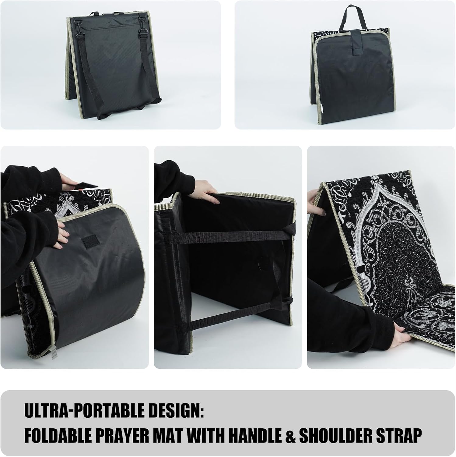 Qianliniuinc Portable Prayer Mat, Foldable Prayer Rug with Backrest, 36x78cm Islamic Prayer Mat, Includes Kufi Hat & 99 Beads Tasbih, Meditation Rug for Muslim, Ramadan Gift Set (Black)