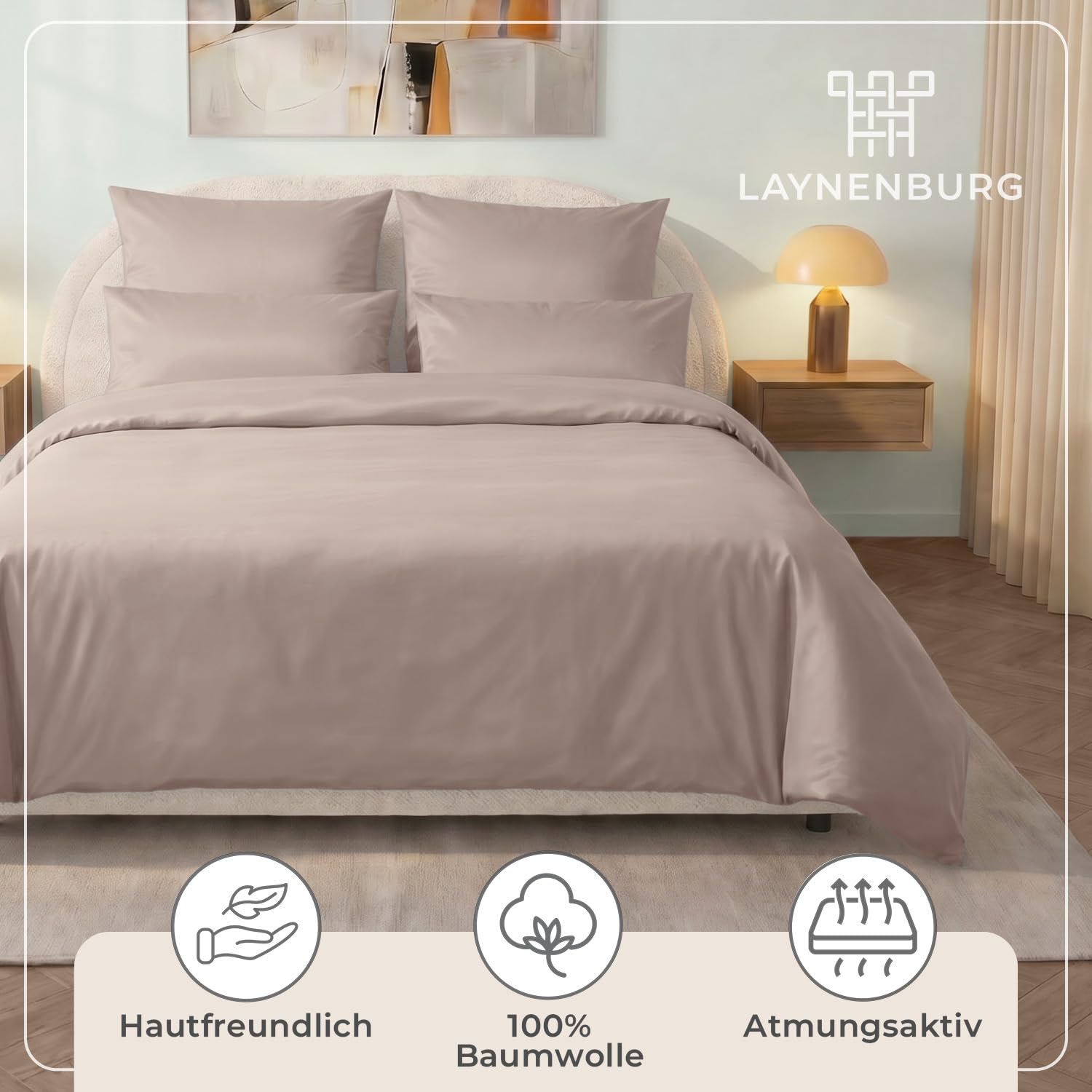 LAYNENBURG Premium Mako Satin Bettwäsche in 135x200 + Kissenbezug 40x80 cm - 100% Baumwolle – Oeko-TEX 100 - kühlende, temperaturausgleichende Sommer-Bettwäsche mit Reißverschluss(Taupe)