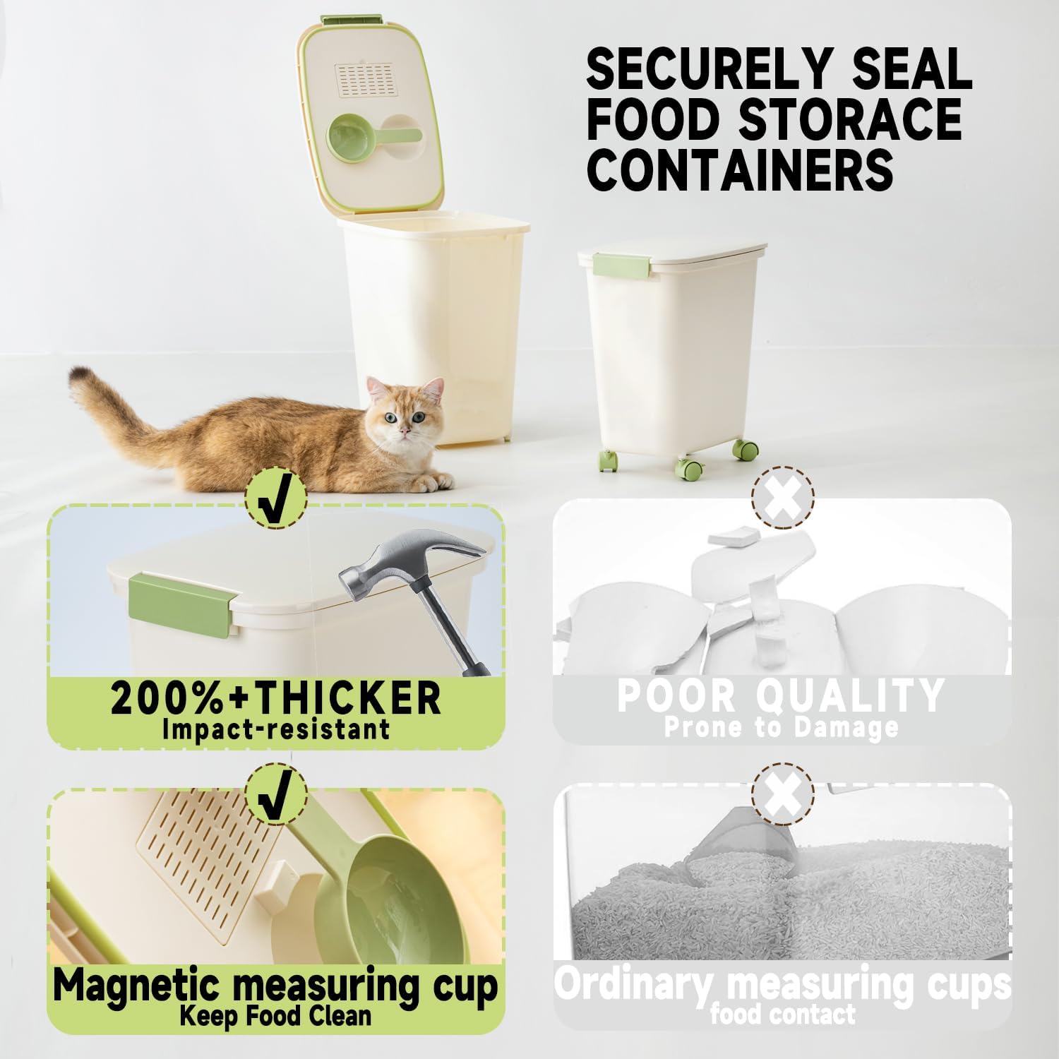 LivLab Mker Large Rice Storage Container 30-40 lbs, Airtight Dry Food Storage Bin with Lids, Great for Pet/Cat/Dog Food Storage Dispenser 25 lbs, Detachable wheels, Easy Mobility, BPA Free, Green