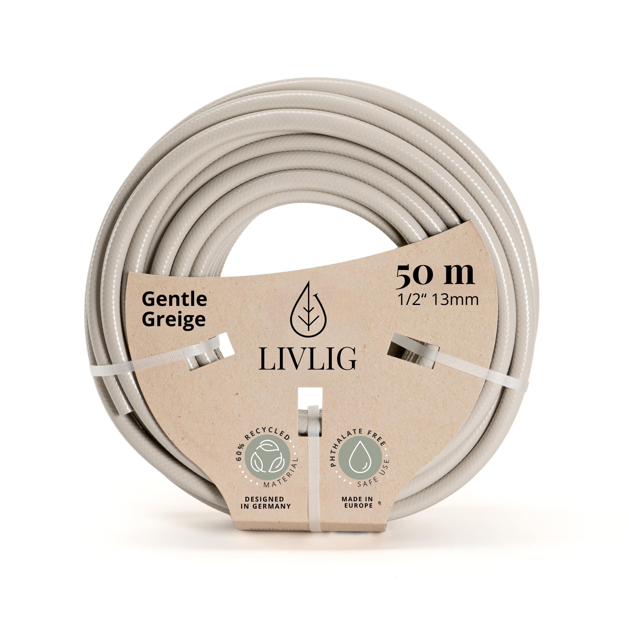 LIVLIG Garden Hose 50m, hosepipes for Garden 1/2 inch Made in Germany, 50m Hose Pipe Made of Recycled PVC, dimensionally Stable, Colour: Beige