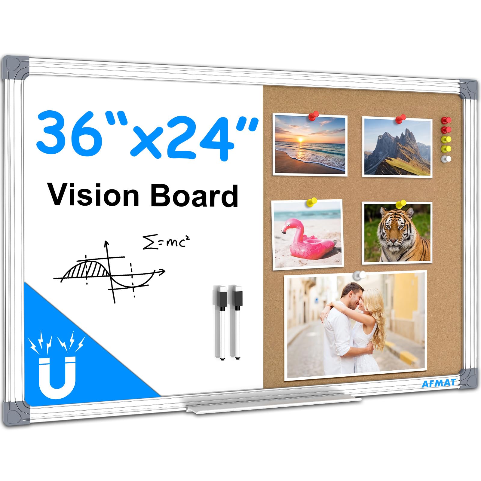 AFMAT Kombitafel Kork-Pinnwand Whiteboard Kombination 60x90 cm, Trocken Abwischbare Magnettafel und Korktafel,Magnetische,Magnettafel White Board Korktafel Kombination für Büro,Homeoffice,Schule,Küche
