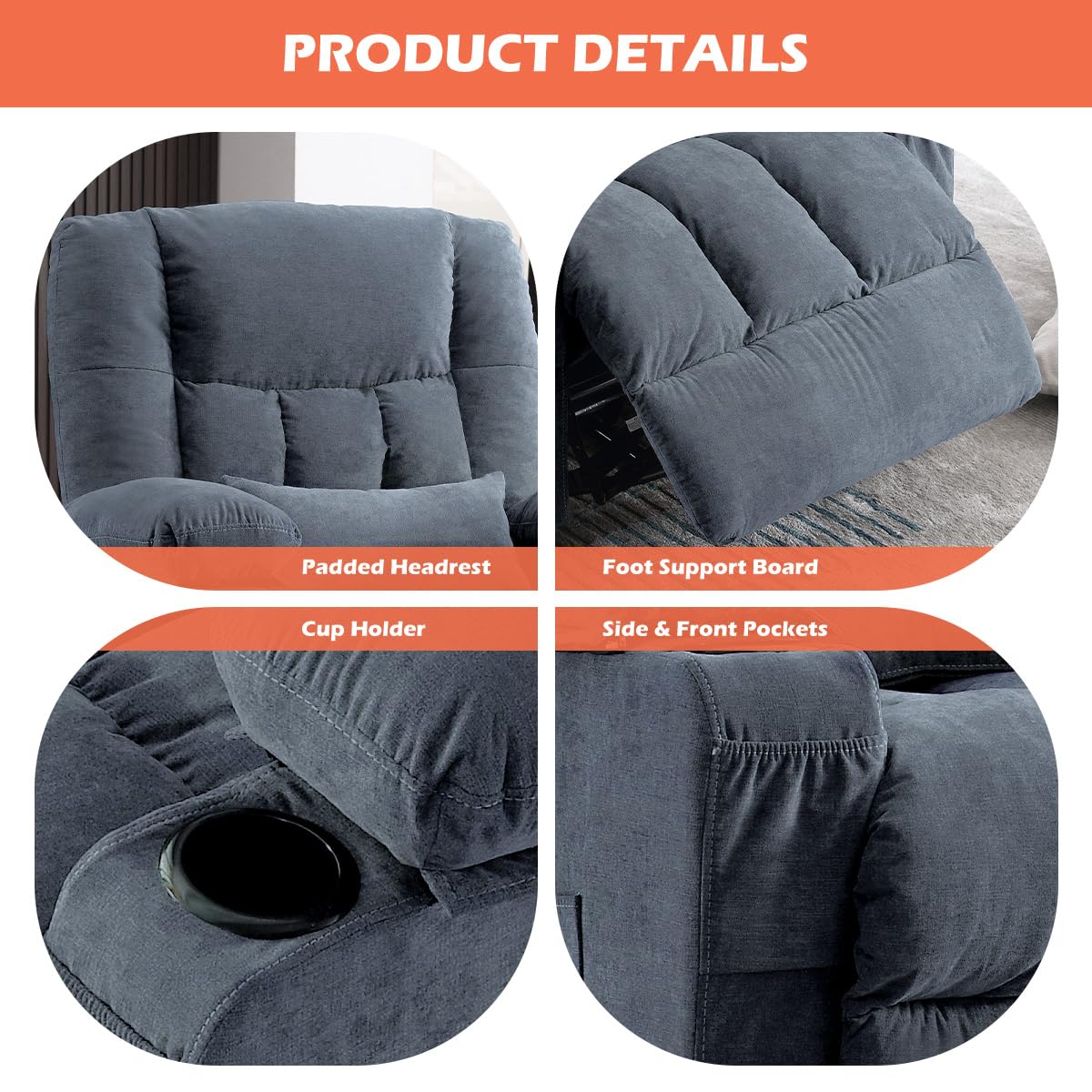 MAHOMICO Recliner Chair with Cup Holders for Living Room Single Seat Manual Oversized Recliner with Ergonomic, Side Pocket for Adult view 7