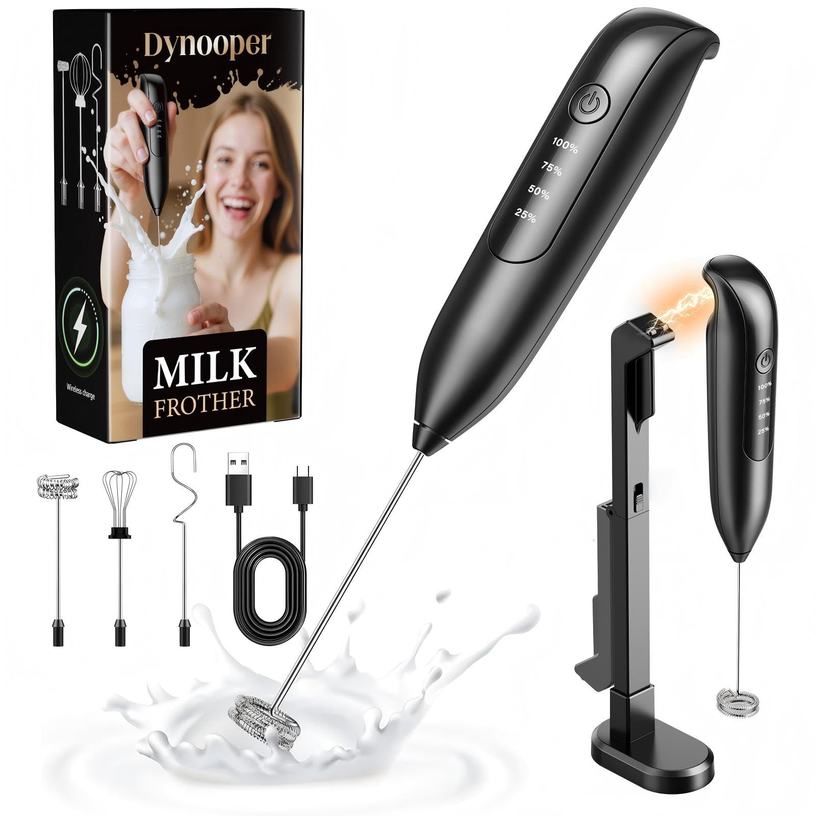 Electric Milk Frother Handheld: Rechargeable 3 in 1 - LED Digital Display with 3 Speeds Portable Stainless Steel Drink Foam Mixer for Milk Coffee, Lattes - Starlight Black