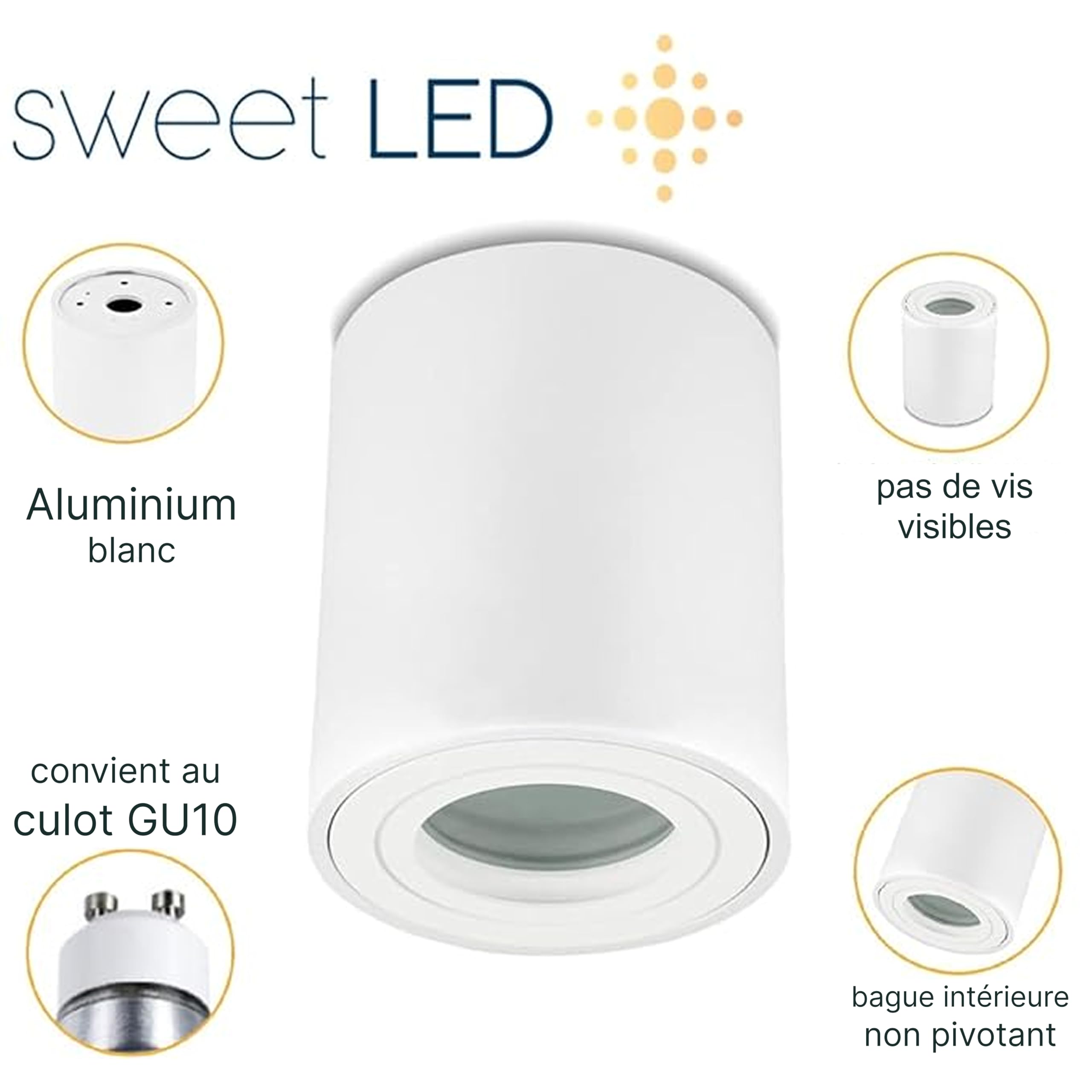 Sweet Led Spots de plafond 230V IP44 Pour salle de bain, cuisine, cave Plafonnier LED GU10 en aluminium rond blanc mat Diamètre Ø80 mm - 95 mm LED Spot 230 Volt 4 pièces