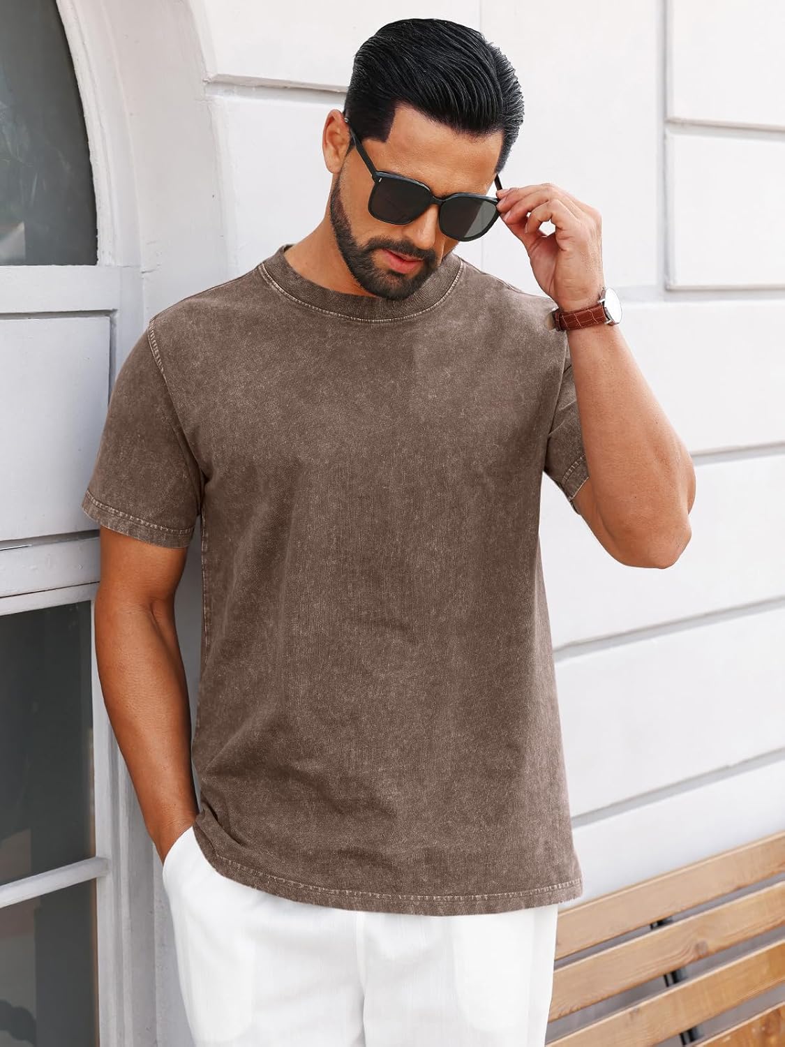 Runcati Mens Short Sleeve T-Shirts 100% Cotton Heavyweight Casual Crew Neck Shirt Vintage Acid Wash Summer Tees - Image 3