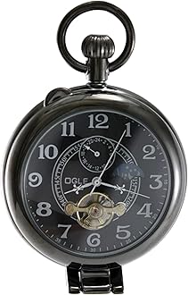 OGLEWaterproof Silver Magnifier Tourbillon Phases Moon Chain Fob Self Winding Automatic Skeleton Half Hunters Mechanical Pocket Watch