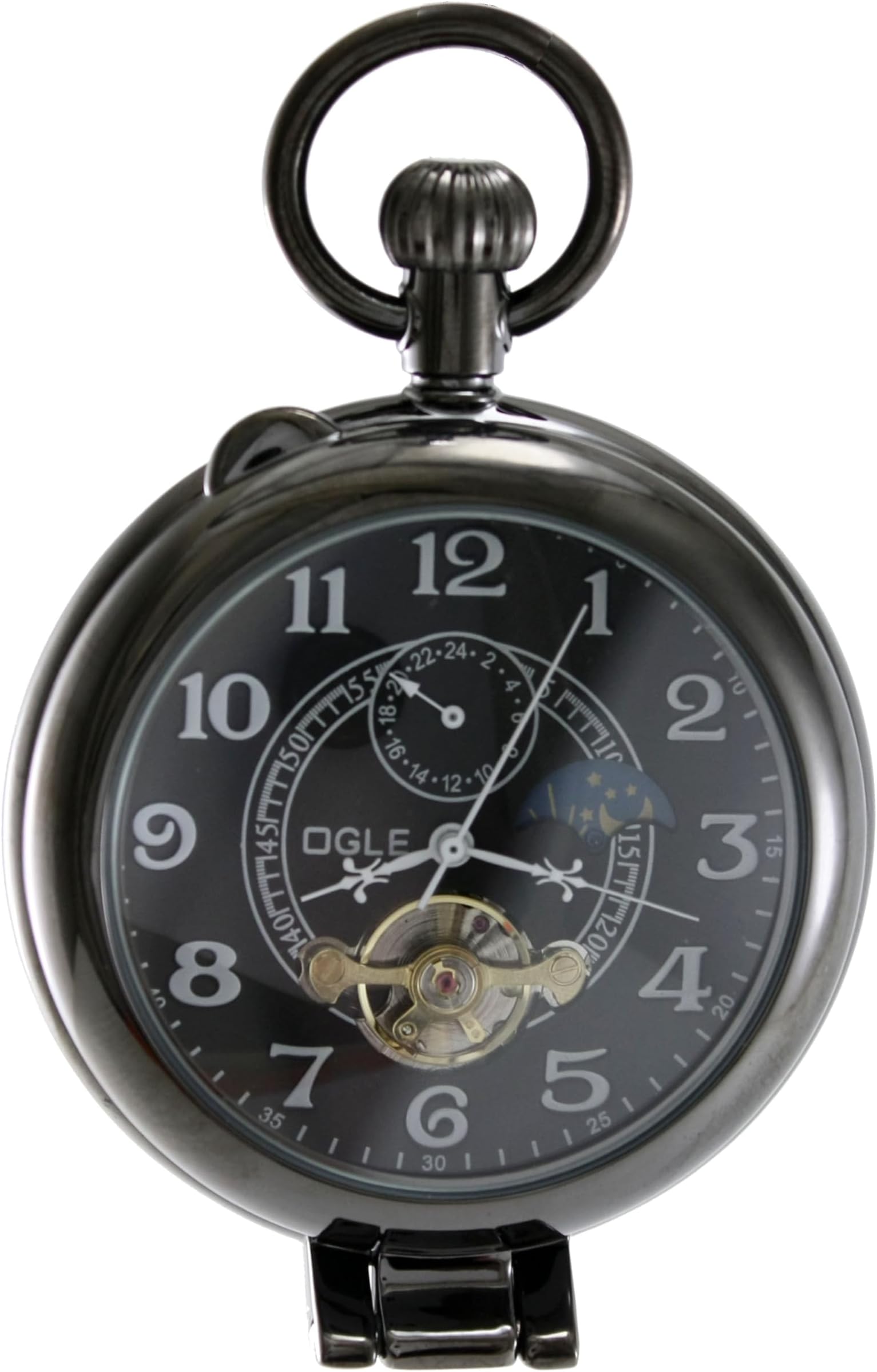 OGLE Waterproof Silver Magnifier Tourbillon Phases Moon Chain Fob Self Winding Automatic Skeleton Half Hunters Mechanical Pocket Watch
