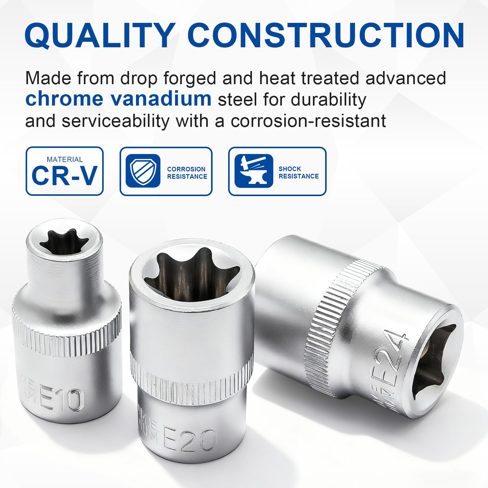 DAKCOS Juego de 9 llaves de vaso E-Torx Vaso de Torx hembra con puntas perfiladas E 1/2" E10, E11, E12, E14, E16, E18, E20, E22, E24, CR-V