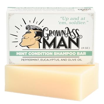 Grown Ass Man Co. - Solid Shampoo Bar Rich Lather 3 in 1 Hair, Beard & Body Wash - Plastic Free & Eco-Friendly, Natural & Organic Clean for All Hair Types, 4oz Bar Mint Condition, Single