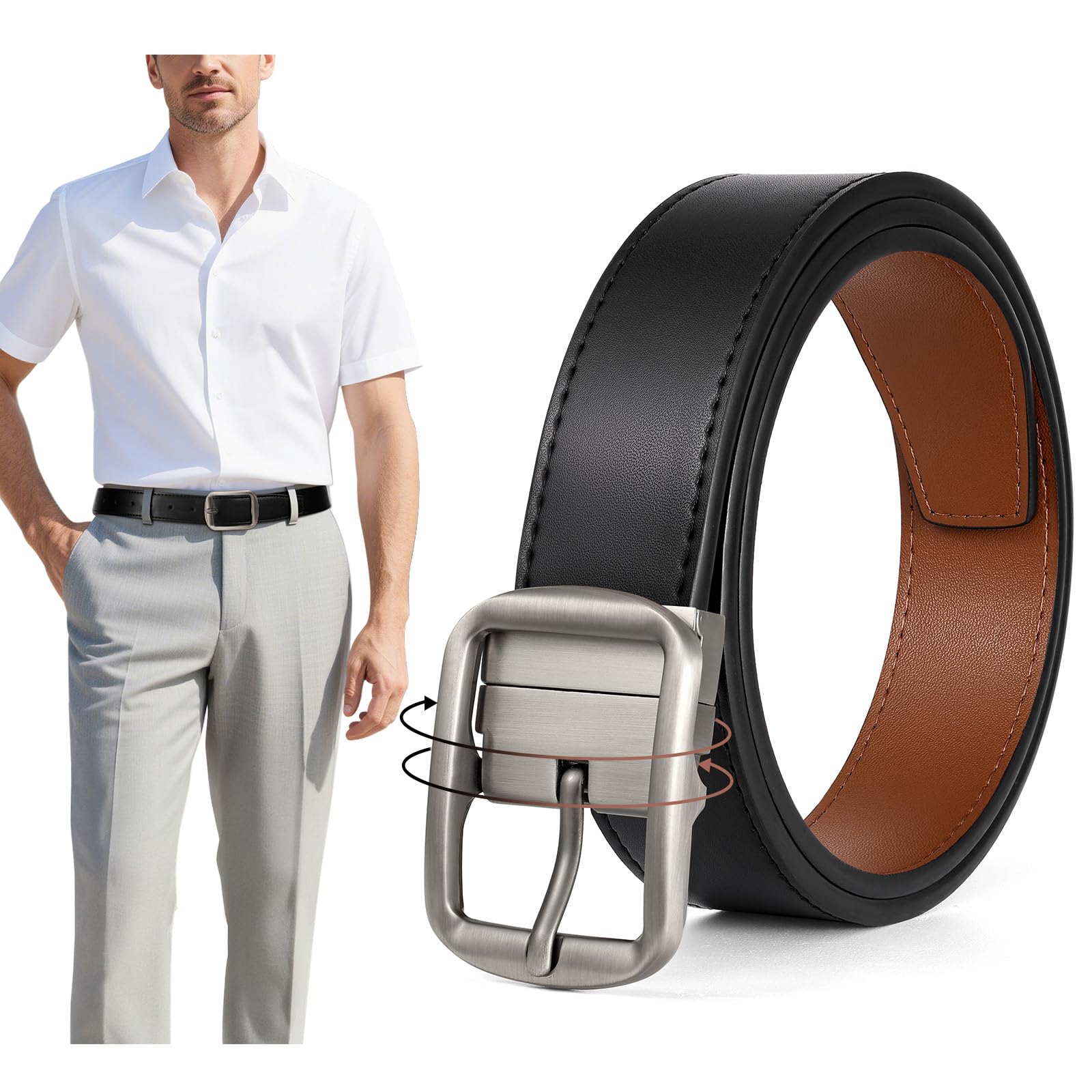 SANSTHS Reversible Leather Belts for Men-Dual Sided Casual Golf Dress Leather Belt-2 Sides in 1 Belt