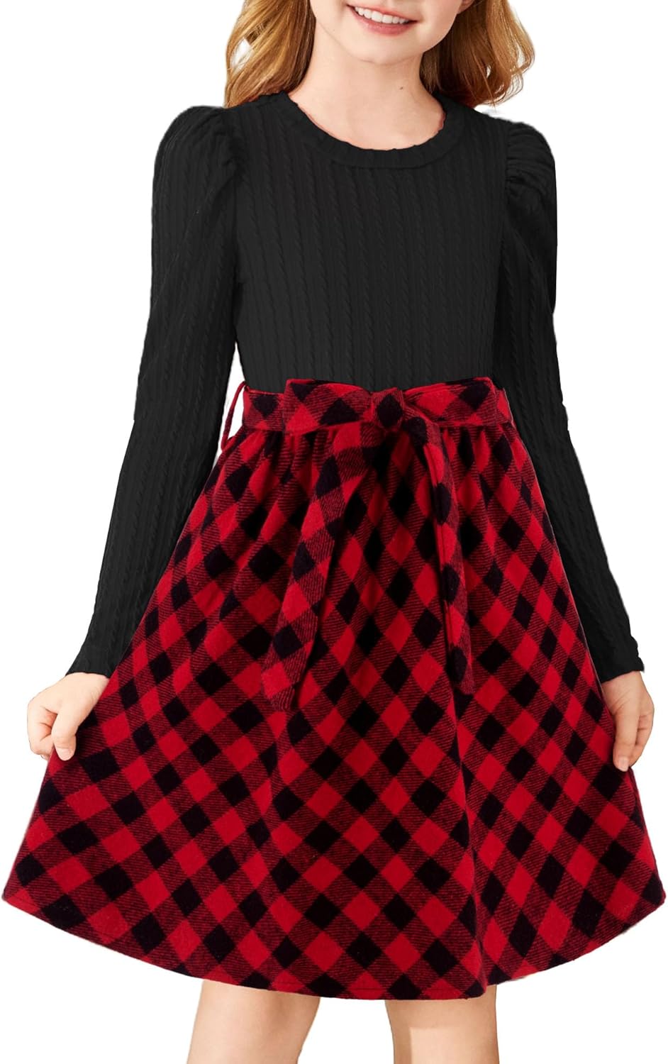 Arshiner Girls Dresses Puff Long Sleeve Rib Knit Plaid Patchwork Belted Holiday Dress with Pockets