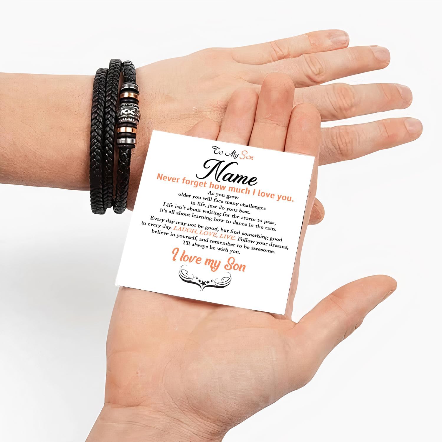 To My Son Bracelet From Mom Dad with Personalized Message,Forever Linked Together Black Braided Leather Infinity Knot Inspirational Bracelets,Gift For Son From Parents,Birthday Gift with Card and Box