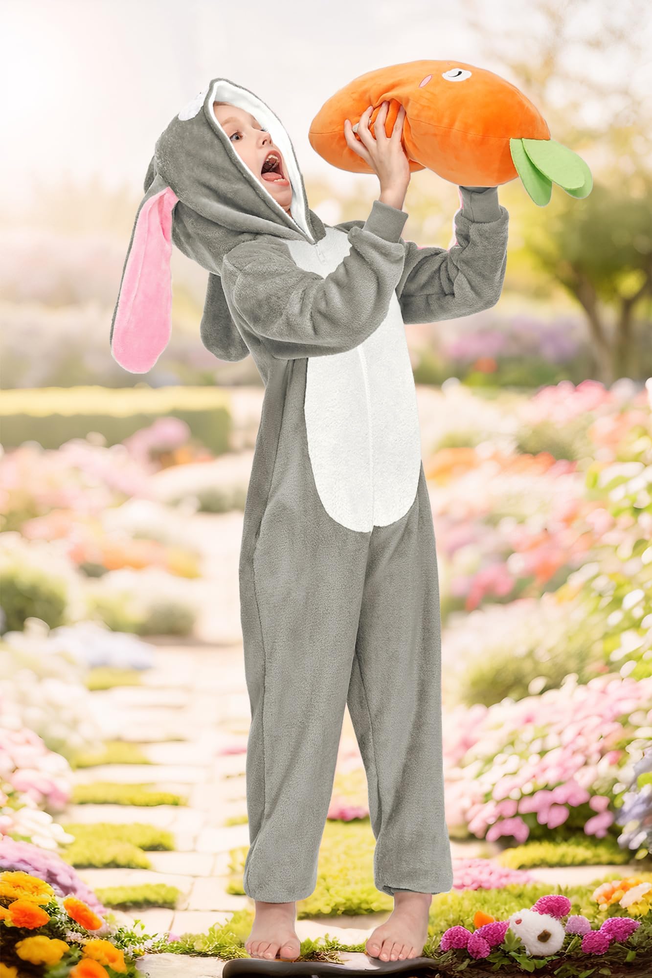 BesserBay Tuta intera unisex per bambini, con cappuccio, per Halloween, coniglietto peloso, 4-14 anni, Grigio | Tuta Coniglio, 8 anni