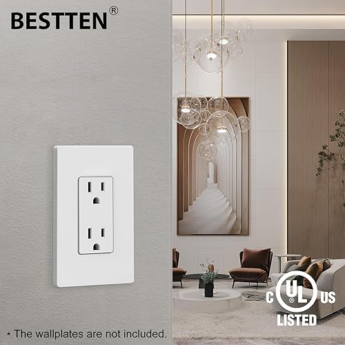 Miniatura 3 de BESTTEN Paquete de 20 receptáculos eléctricos decorativos de pared de 15 amperios, no resistentes a manipulaciones, 15A125V1875W, para uso