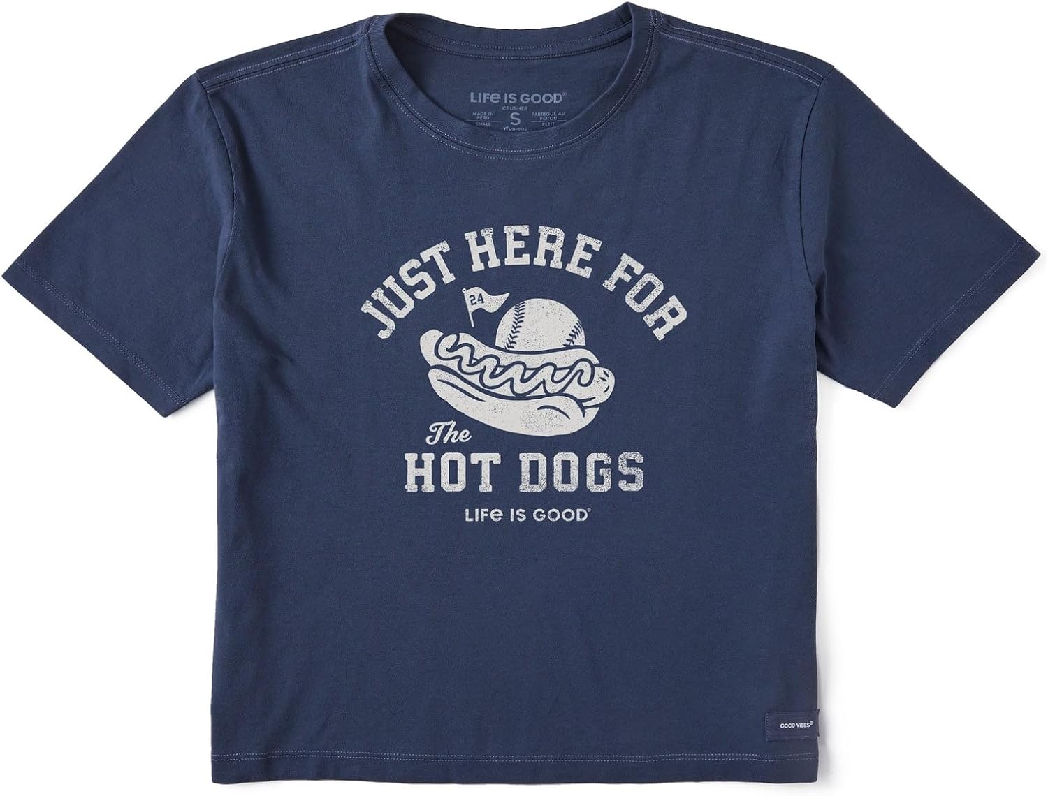 Life is Good. Women's Here for The Hot Dogs Baseball Short Sleeve Crusher Boxy Tee