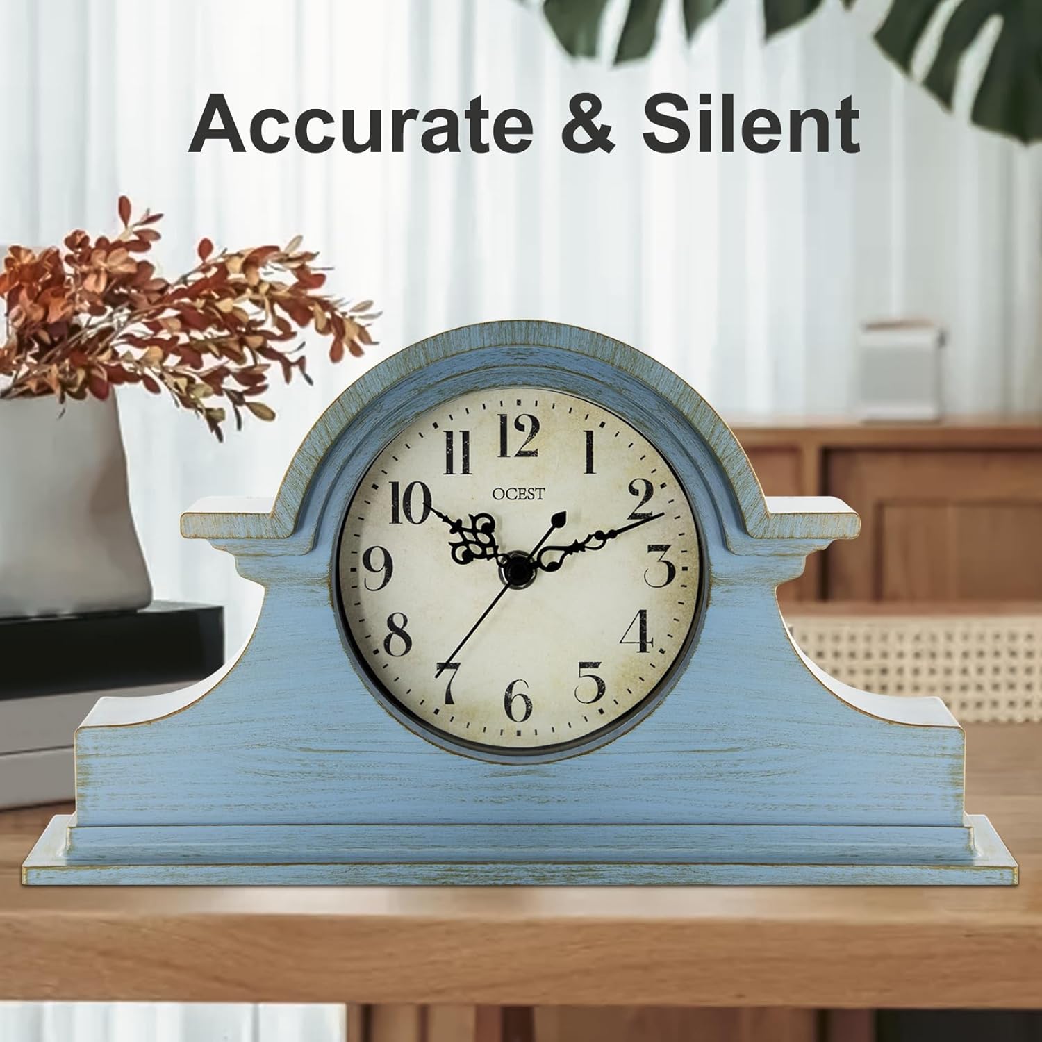 OCEST Vintage Farmhouse Mantel Clock - 13 x 7 Inch Quartz Gilt Finish Battery Operated, Plastic Napoleon Classic Desk & Shelf Décor for Living Room Office Tabletop Bedroom (Azure Blue)