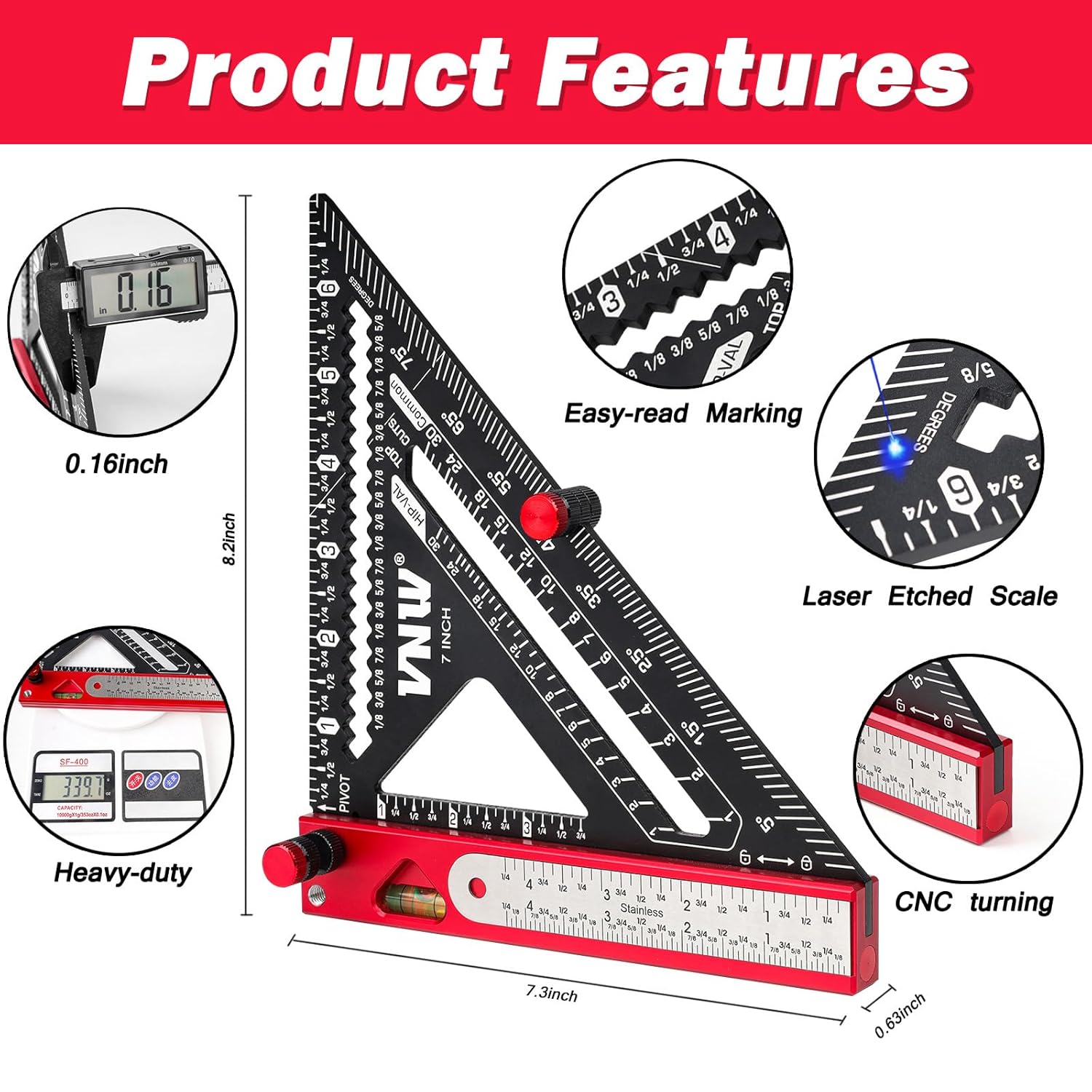 6 in 1 Rafter Square with Carpenter Pencil, 7in Rafter Square Multi-Purpose Carpenter Tools:Square,Protractor, 1/16" Precision Steel Ruler,Marking Gauge,T-Bevel Gauge,Bubble Level Red with pencil