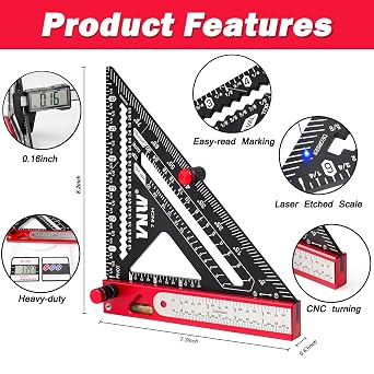 6 in 1 Rafter Square with Carpenter Pencil, 7in Rafter Square Multi-Purpose Carpenter Tools:Square,Protractor, 1/16 Precision Steel Ruler,Marking Gauge,T-Bevel Gauge,Bubble Level