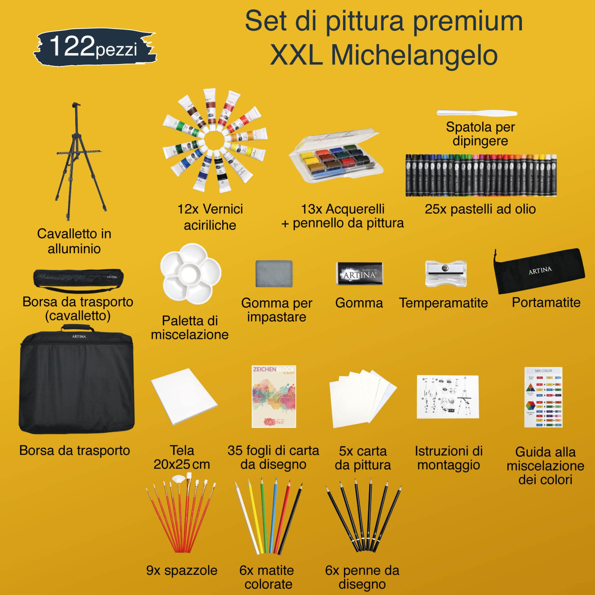 Artina XXL 111+11 Pezzi Set Pittura con Cavalletto Tavolo per Dipingere – Colori Acrilici, Acquerelli, Pastelli, Tela, Pennelli – Kit Pittura Adulti Bambini – Regalo di Natale Creativo – Michelangelo