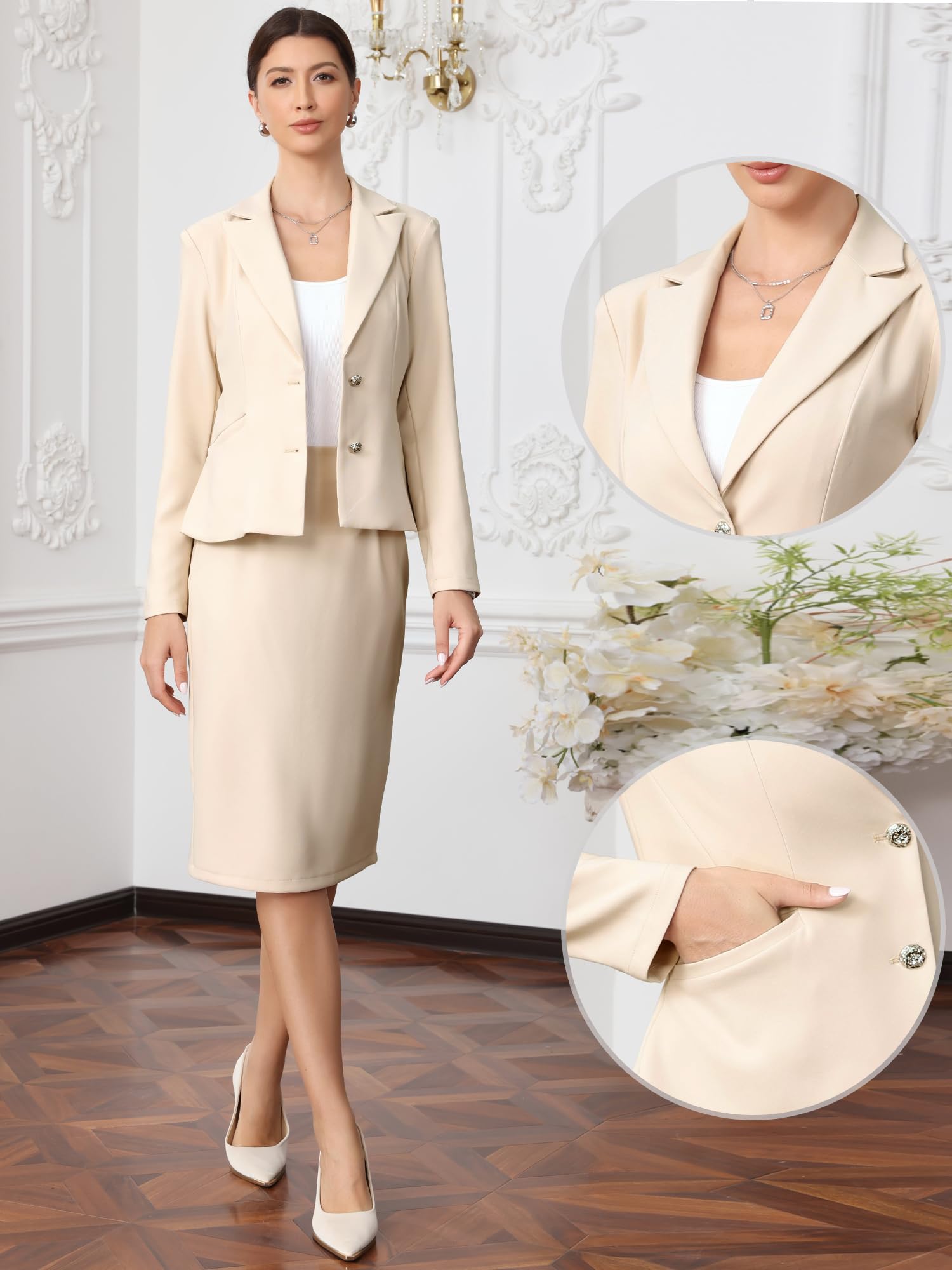 Allegra K Damen 2-Teilige Blazer Rock Kostüm Set Langärmeliger Blazer Bleistiftrock Formelles Business Outfit