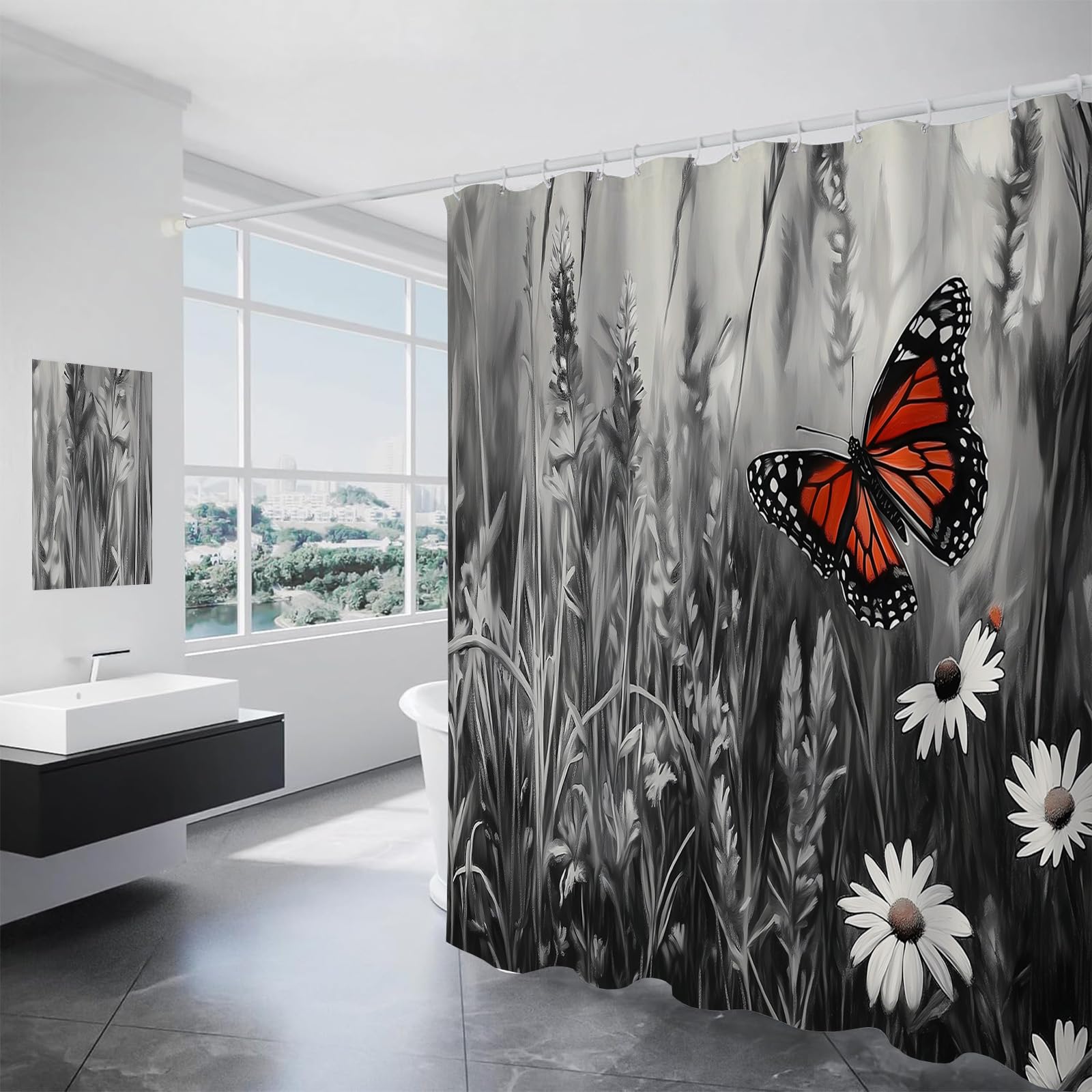 Rideau de douche marguerite et papillon rouge 150x180 cm avec crochets pour salle de bain fleurie
