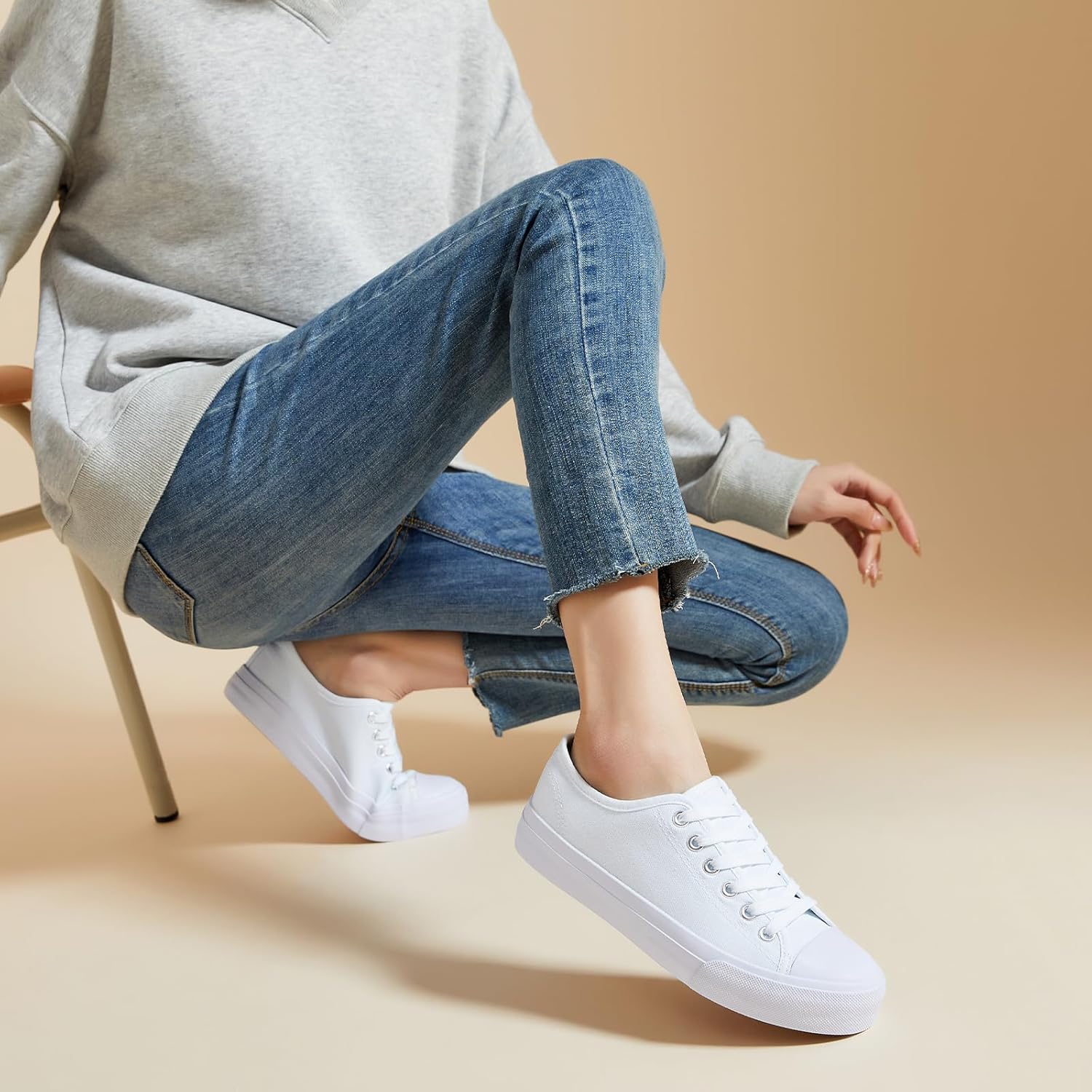 Uoidru White Tennis Canvas Shoes for Women Black Canvas Sneakers Womens Fashion Sneakers Classic Lace Up Walking Shoes - Image 9