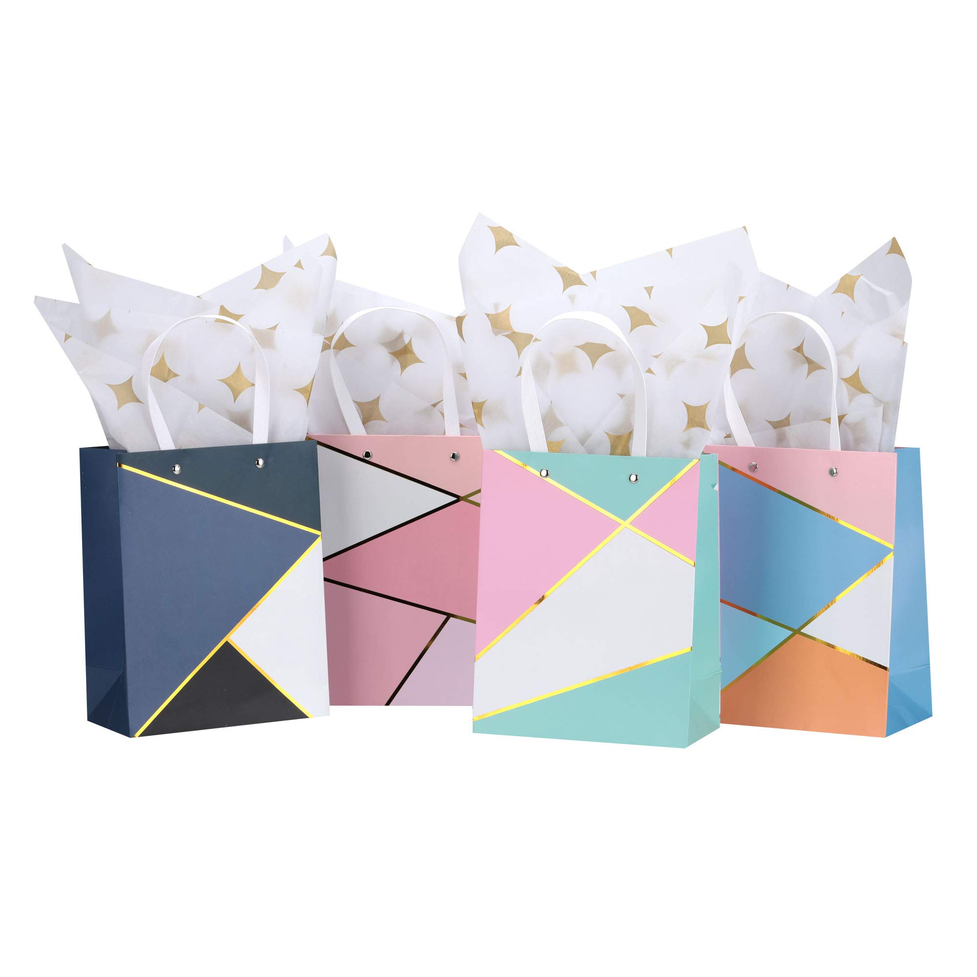 MUKOSEL Gift Bags, 9x7x4 Inches 4 Pcs Gold Colorful Geometric Gift Bag with Tissue Paper and Durable Handle for Wedding, Party, Shopping, Birthday (A)