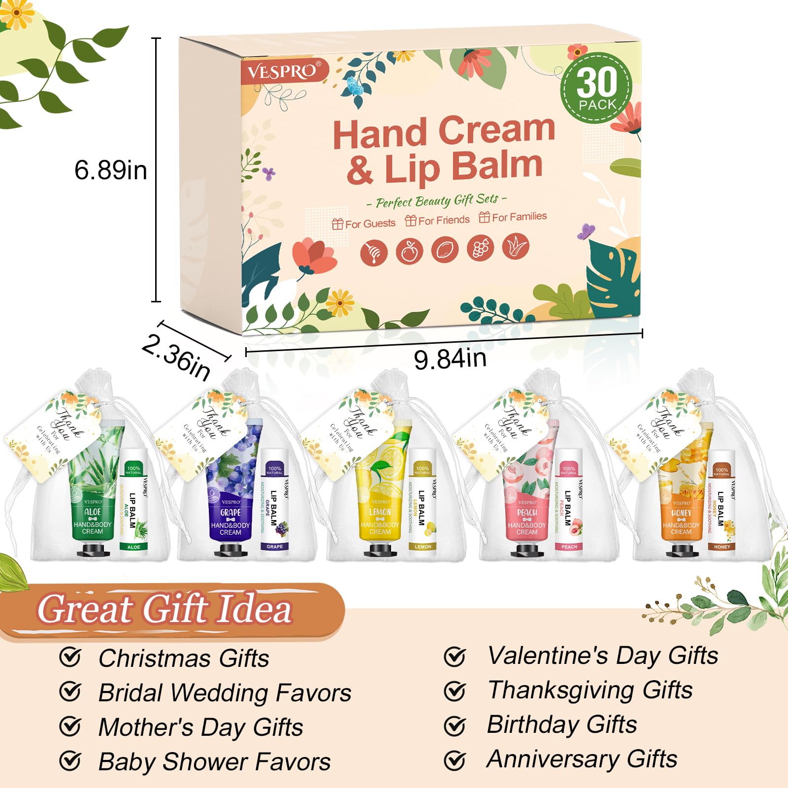 VESPRO - 30 Sets lose Hände Lotion und Lippenbalsam, Geschenke zum Befüllen von Weihnachtsstrümpfen und Junggesellinnenabschieden