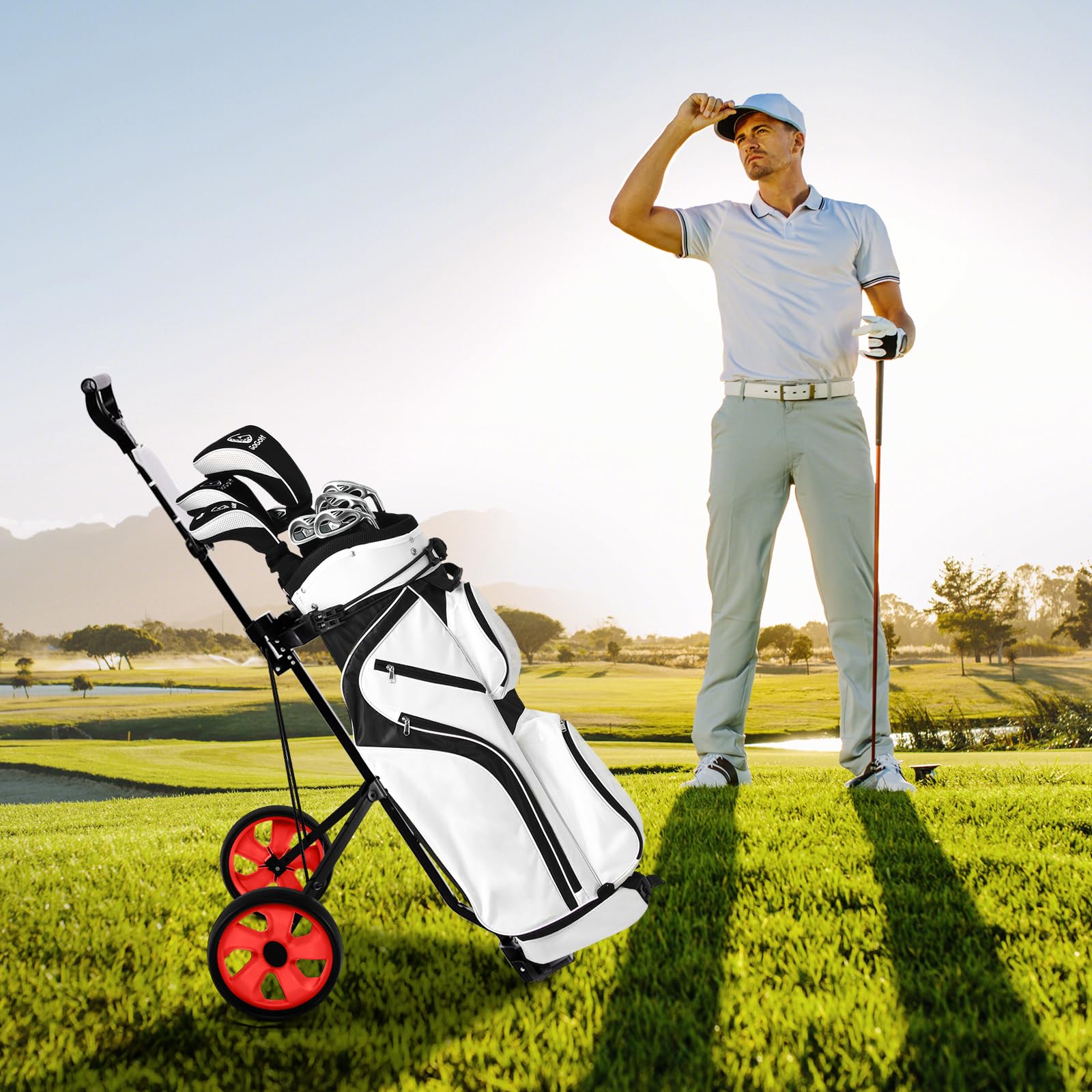 FANTASK Golf Trolley 2 Rad, Golftrolley klappbar, Golfwagen aus Stahl mit Anzeigetafel, Golf Push Cart für Anfänger