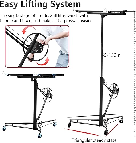 Miniatura 3 de PayLessHere Elevador de paneles de yeso de 11 pies con ruedas giratorias de construcción, elevador de gato de herramientas bloqueable para una fácil