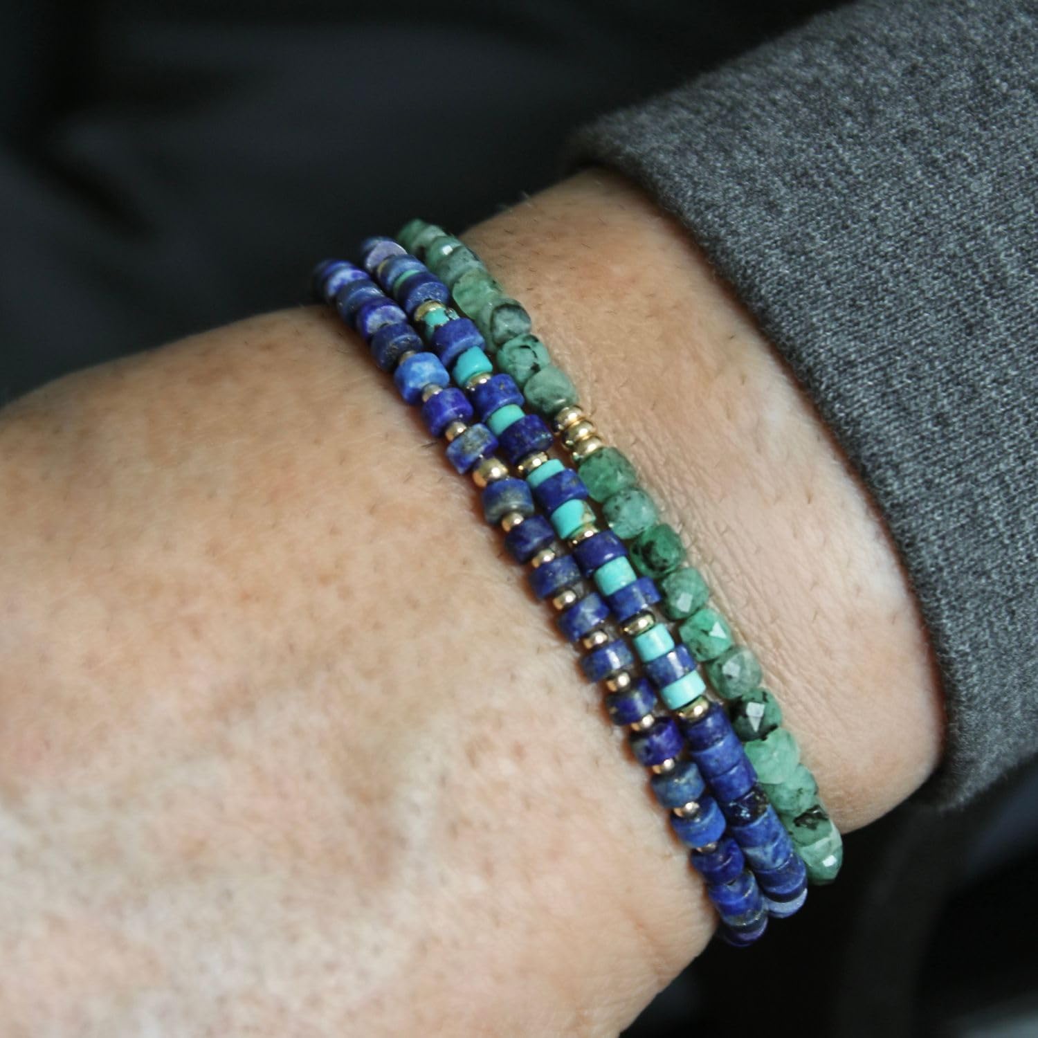 Luck Strings Lapis Lazuli, Turquoise and 14k Solid Gold Beaded Bracelet - Stretch Cord - Unisex Jewelry for Men and Women