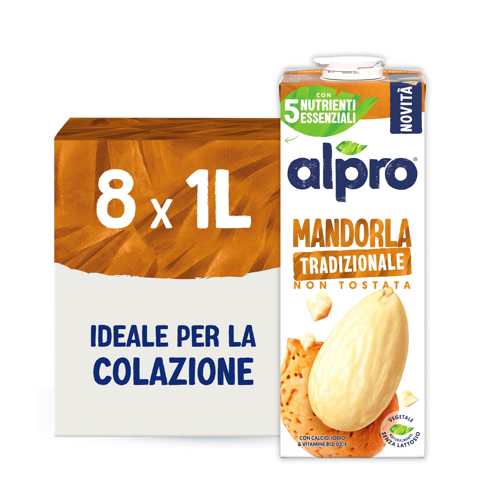 ALPRO CLASSICO, Bevanda alla MANDORLA TRADIZIONALE, Naturalmente Senza Lattosio, con Calcio, Iodio, Vitamine B12, D2, E - 8 Confezioni da 1 Litro