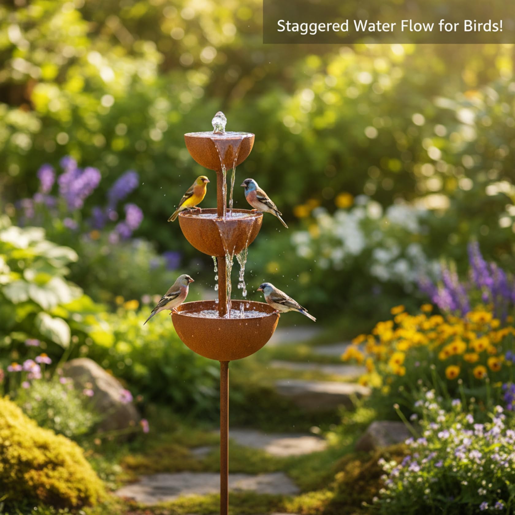 Ciotola per l'acqua per uccelli, paletto da giardino alto 26, 8 pollici con finitura in rame a 3 livelli, vasca per uccellini in metallo rustico per decorazioni da giardino e acchiappapioggia, ciotola