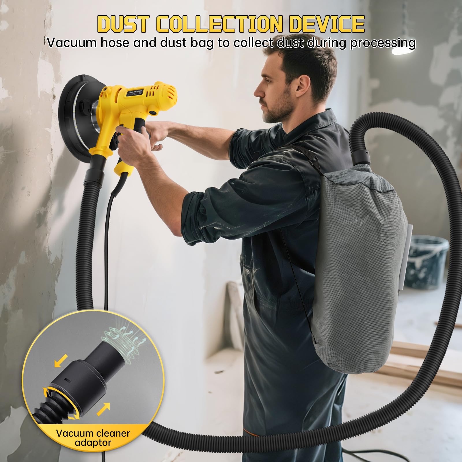 800W Electric Drywall Sander, Variable Speed1200-2300RPM Wall Sander with Vacuum, LED Lights, Dust Bag and Hose,12 Pcs Sanding Discs - Image 3