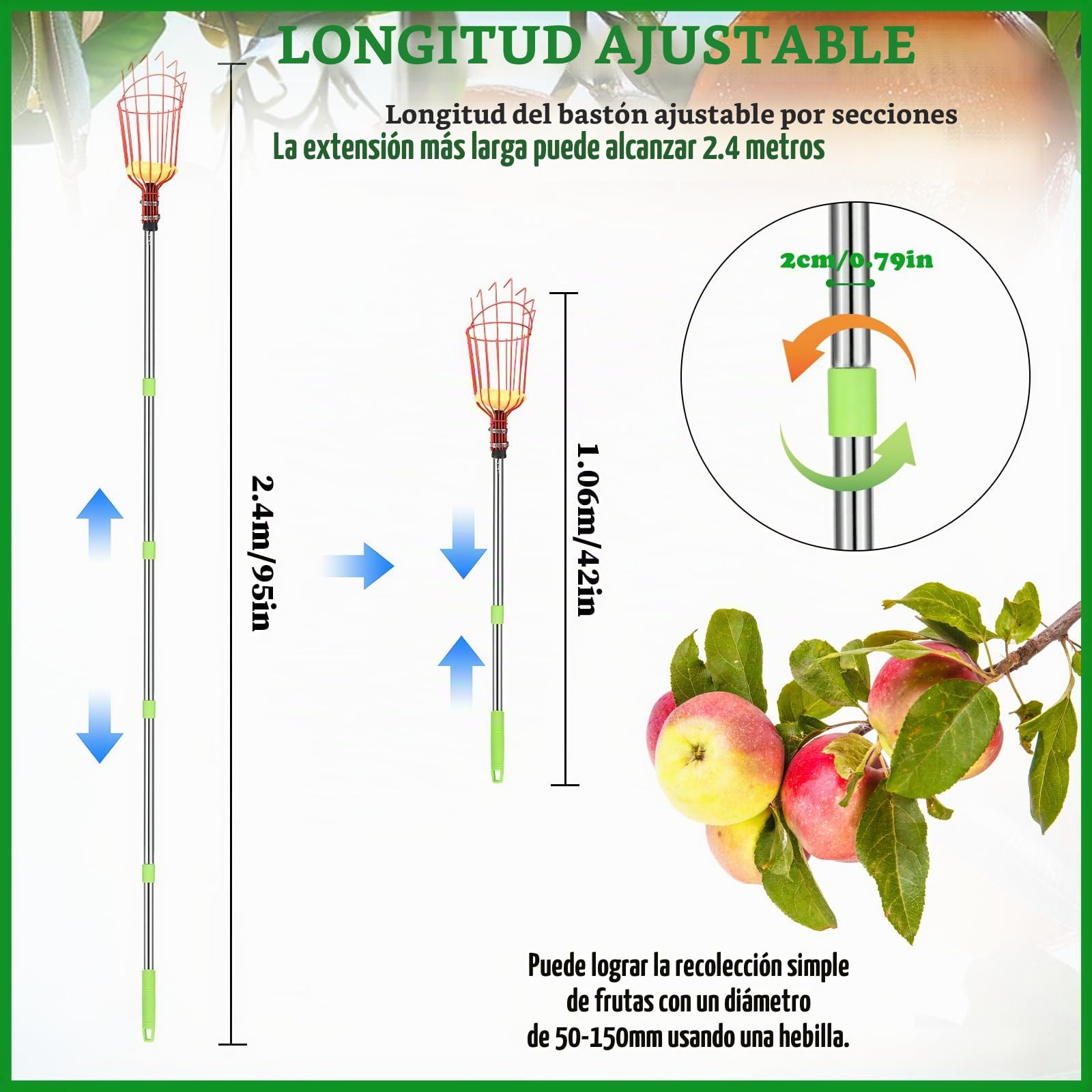 Recogedor de frutas con barra telescópica, 2,4 m, recogedor de manzanas con bolsa de algodón y almohadilla de espuma, recogedor de frutas para manzanas, cítricos y peras