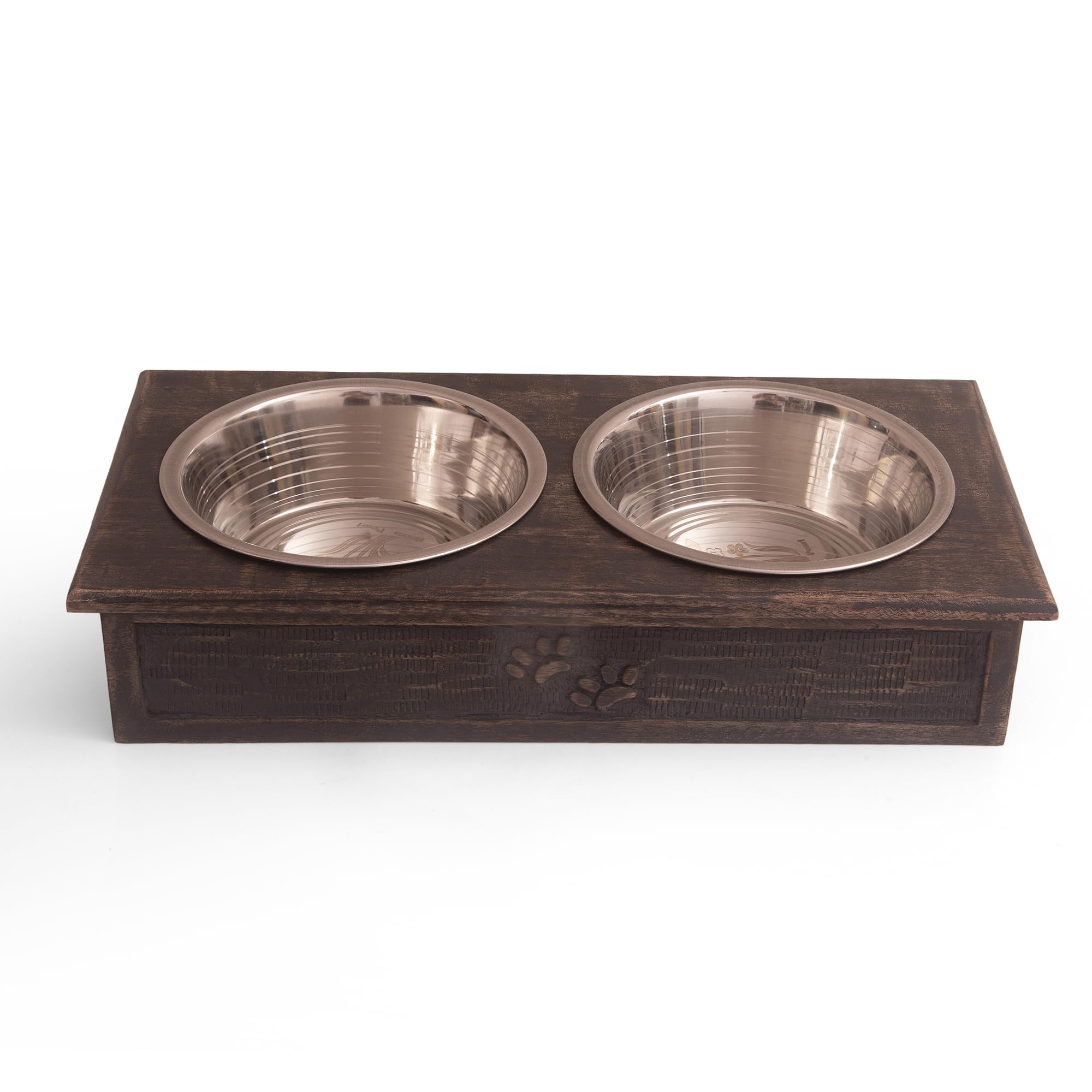 Juego de 2 cuencos de agua y alimentos para perros y mascotas, tazas de metal elevadas de acero inoxidable con soporte de madera de alta calidad, resistente a la corrosión, alimentos secos y húmedos