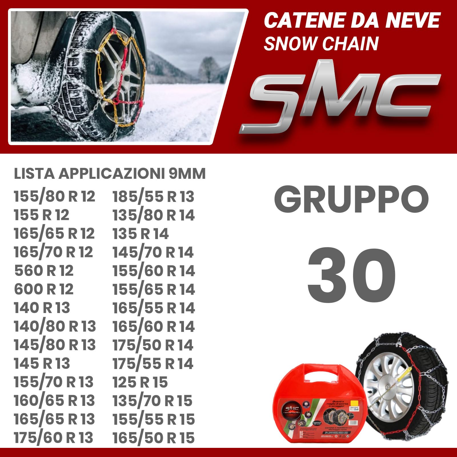 Catene da Neve OMOLOGATE O-Norm TUV SMC 9mm per Pneumatici GOMME 155/65 R 14