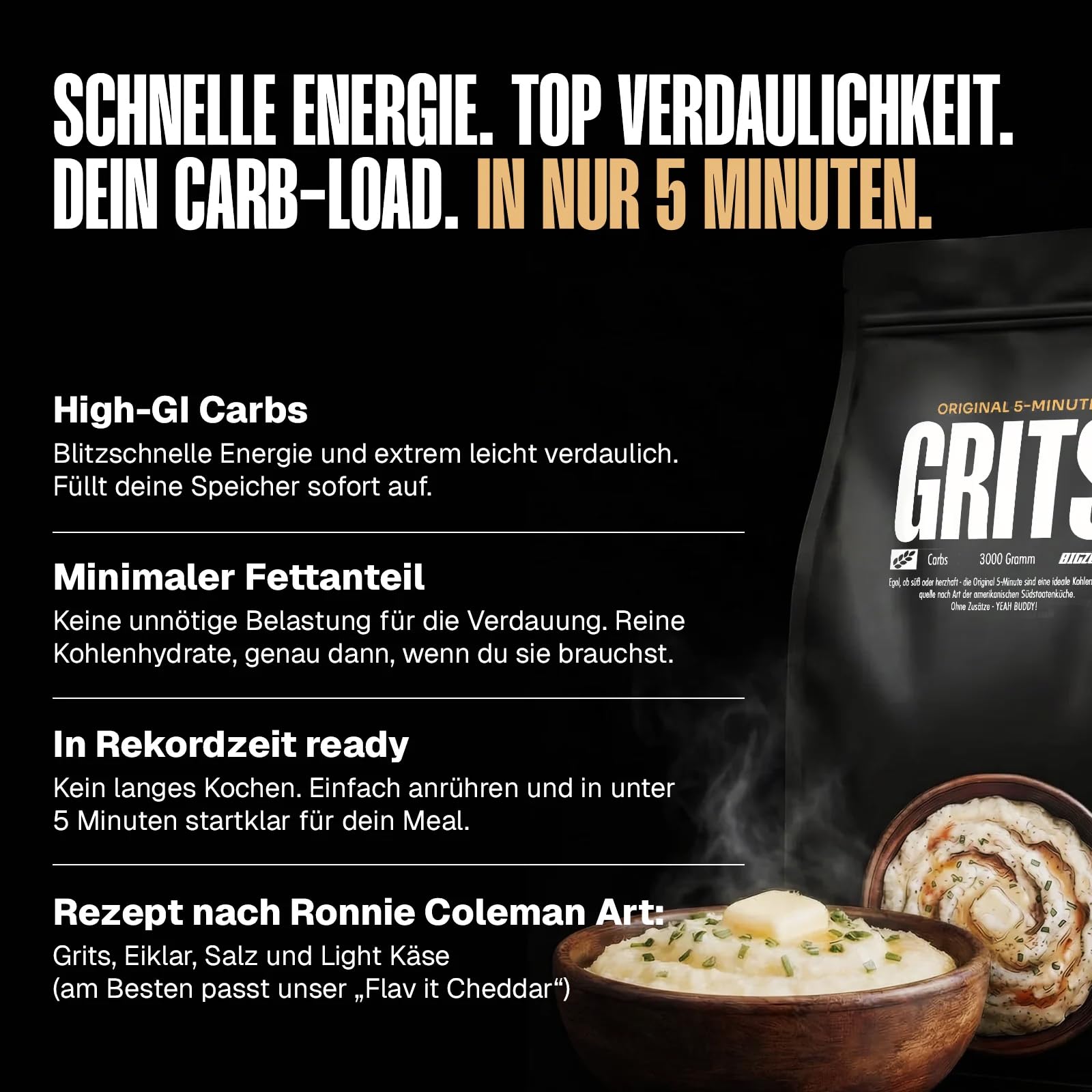 Big Zone Grits | 3000g weißer Maisgrieß, 60 Portionen | In 5–10 Minuten Zubereitet | Ohne Zusätze