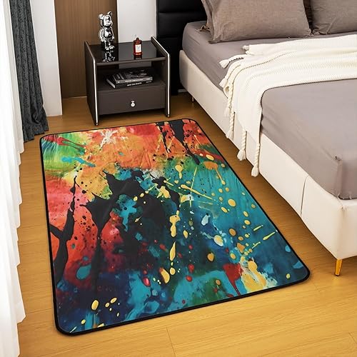 Miniatura 4 de jejeloiu Alfombras de sala de estar de color naranja, verde y azul, para niños y niñas, arte abstracto, alfombra decorativa de 5 x 7 pulgadas,