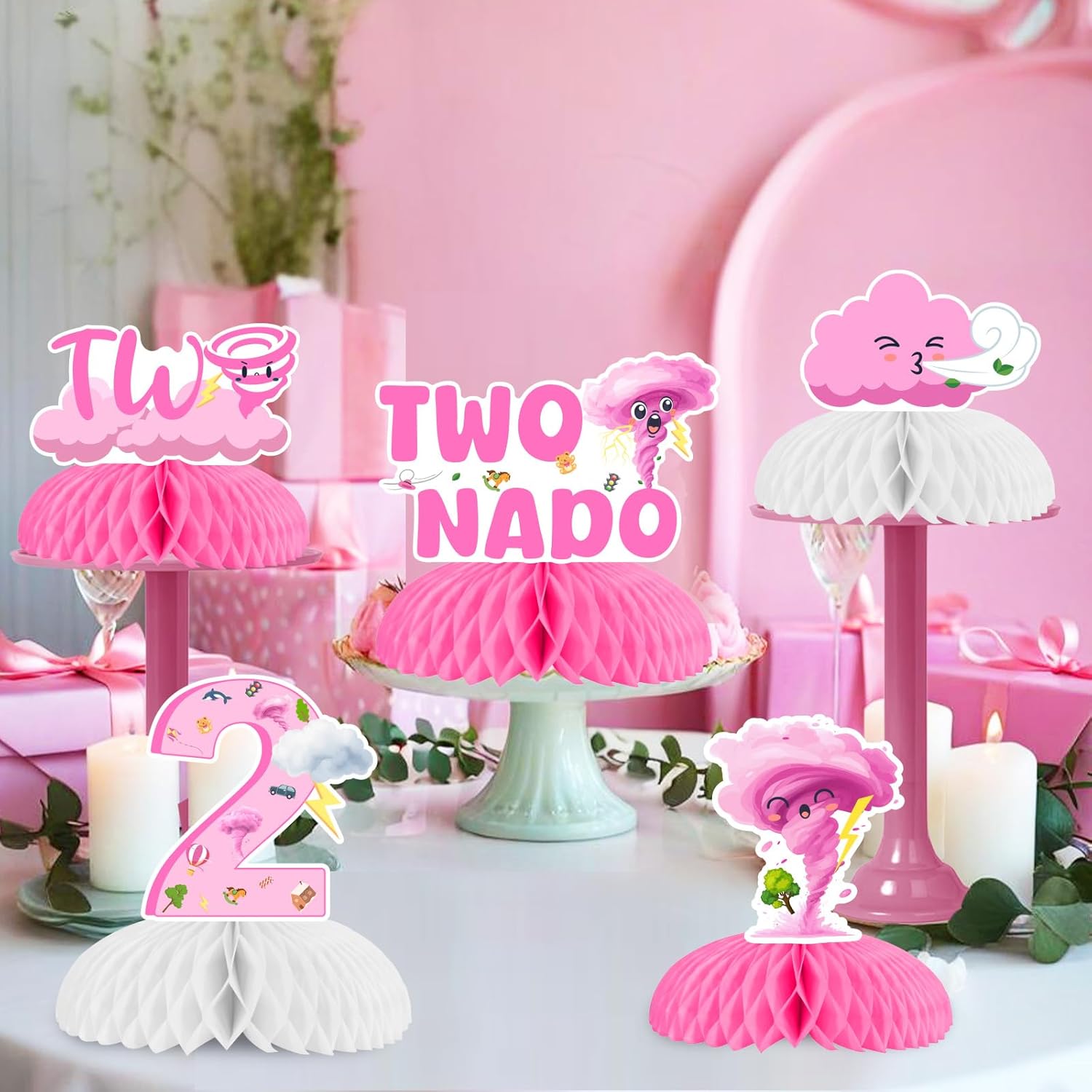 Two Nado Birthday Party Decoration Girl, 8pcs Two Tornado Honeycomb Centerpiece Pink Tornado Storm Cloud Table Decoration for Tornado 2nd 2 Year Old Birthday Decorations Girl