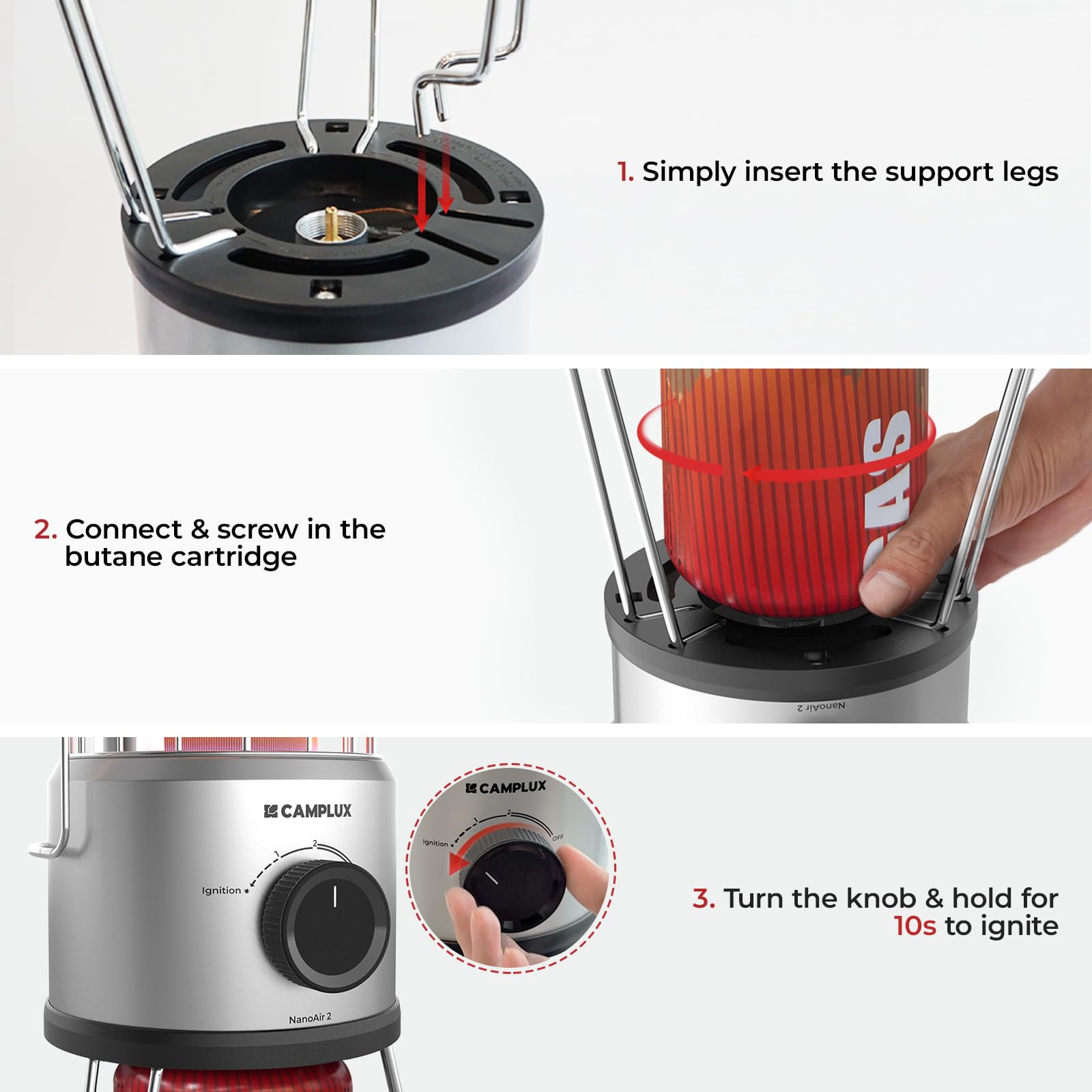 CAMPLUX Nano Tragbarer Gasheizer, 2,34 kW, 2 Stufen, 360° Outdoor-Heizung, 29 mbar Butan, ODS & Kippschutz, Ideal für Camping, Angeln & Garten, NanoAir 2