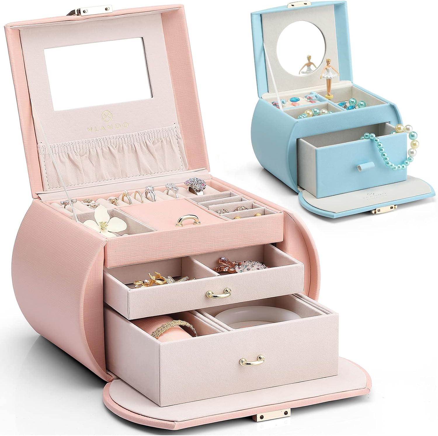 VLANDO Princess Style Jewelry Box (Pink) + Musical Jewelry Box for Girls with Drawer (Blue)