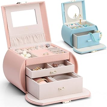 VLANDO Princess Style Jewelry Box Pink + Musical Jewelry Box for Girls with Drawer Blue