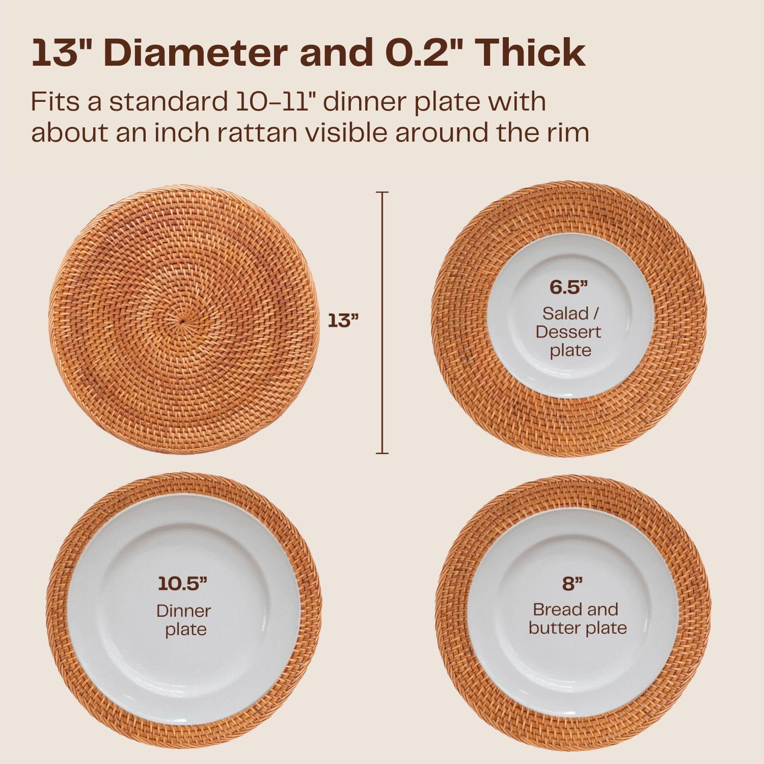 4-Pack Rattan Placemats - 13-inch Round Placemats (Stained Brown) - Woven Place Mats, Round Table Mats - Wicker Chargers for Dinner Plates, Plate Chargers Boho
