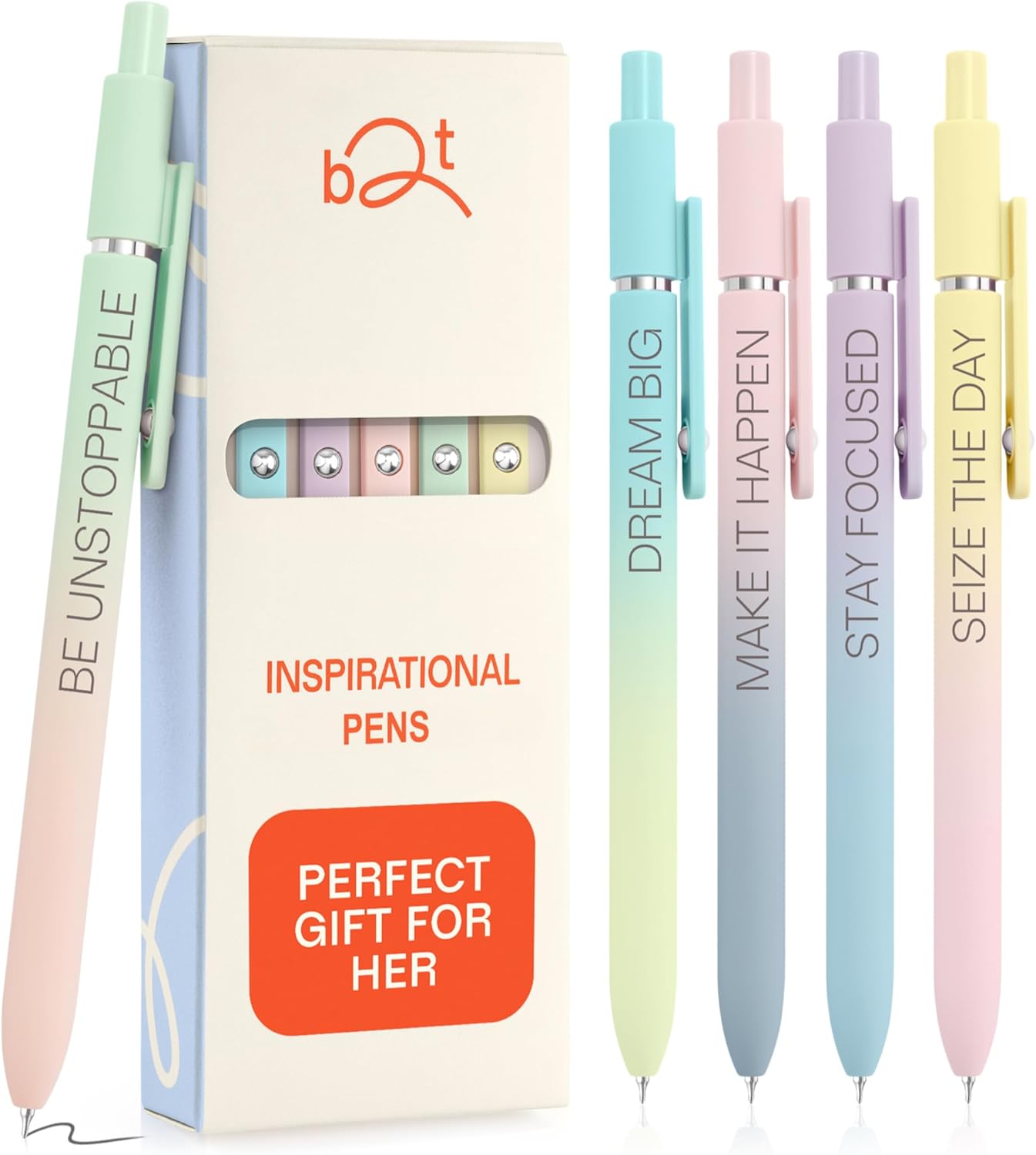 BETTER TOGETHER Achievers Inspirational Gel Pens for Women, 5 Pack Gradient 0.5mm Fine Point, Quick Dry Black Ink, Soft Touch, Engraved Quotes – Cute Office School Supplies, New Job & Promotion Gifts