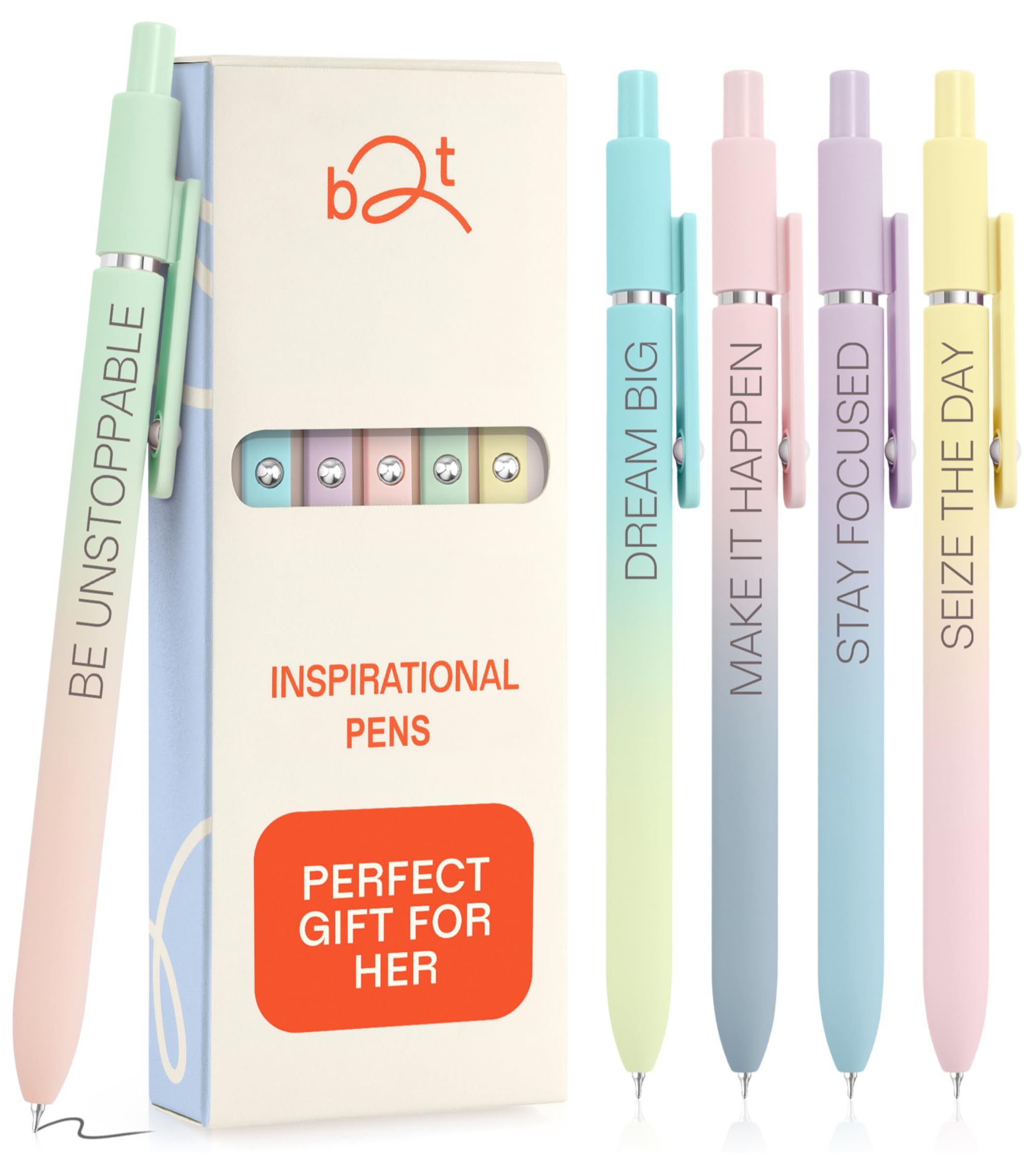 BETTER TOGETHER Achievers Inspirational Gel Pens for Women, 5 Pack Gradient 0.5mm Fine Point, Quick Dry Black Ink, Soft Touch, Engraved Quotes – Cute