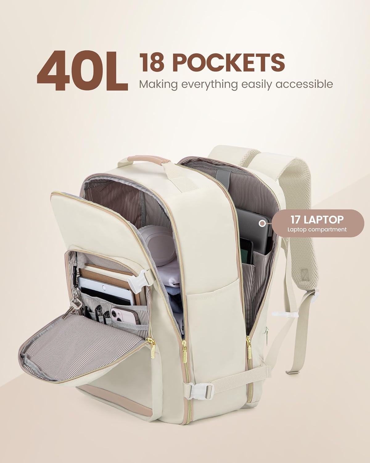 LOVEVOOK Travel Backpack for Women & Men 40L,Airline Approved Carry On Backpack Travel Essential,TSA Carry on Luggage,Waterproof Personal Item Travel Bag,Suitcase with 3 Packing Cube,Beige-Flesh beige - Image 3