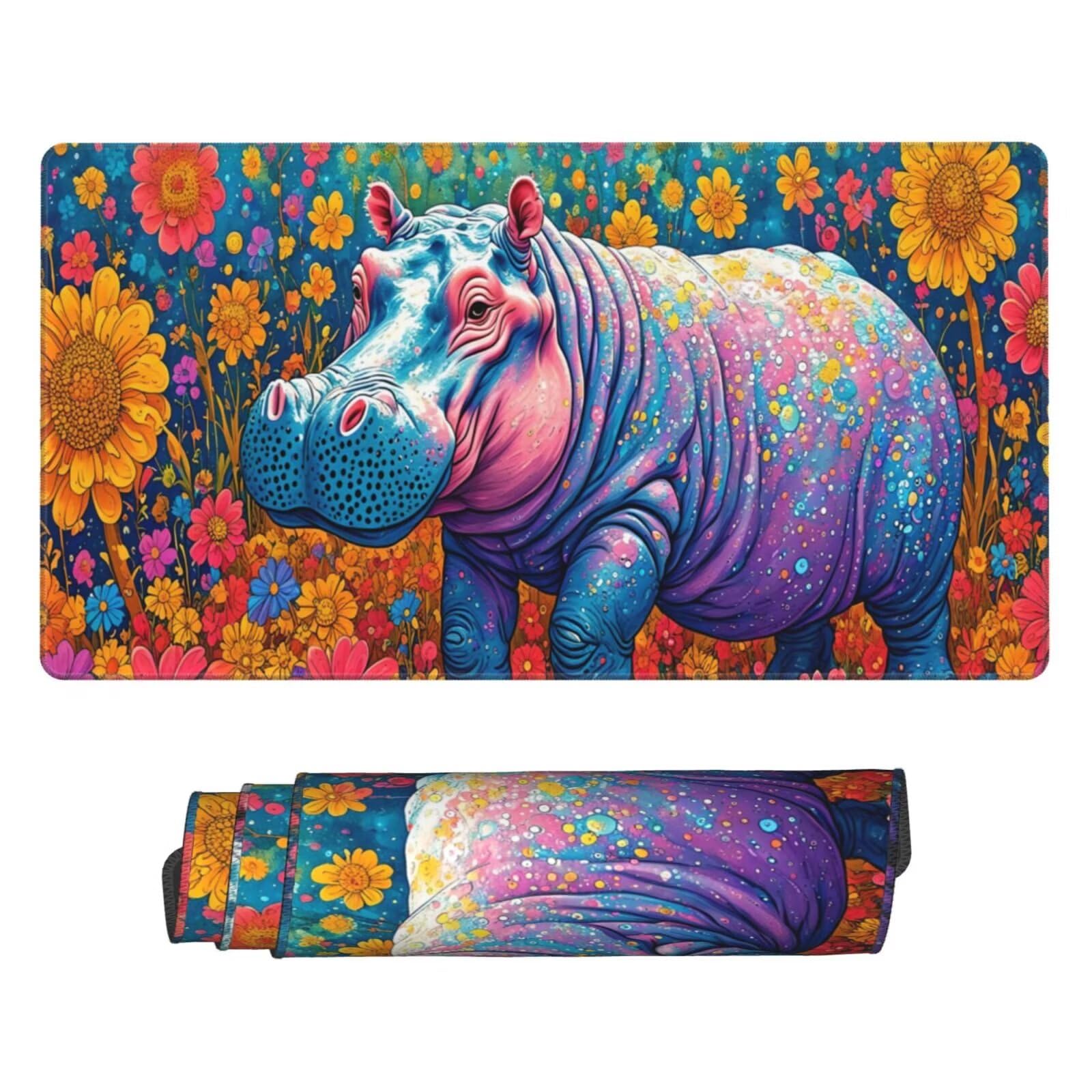 Tapis de Souris XXL 1200x600 mm, Fleur Tapis de Souris Hippopotame Tapis Souris XXL 120 X 60 CM, Antidérapant sous Main Bureau à Bords Cousus, Mouse Pad avec Surface en Caoutchouc antidérapant U-565