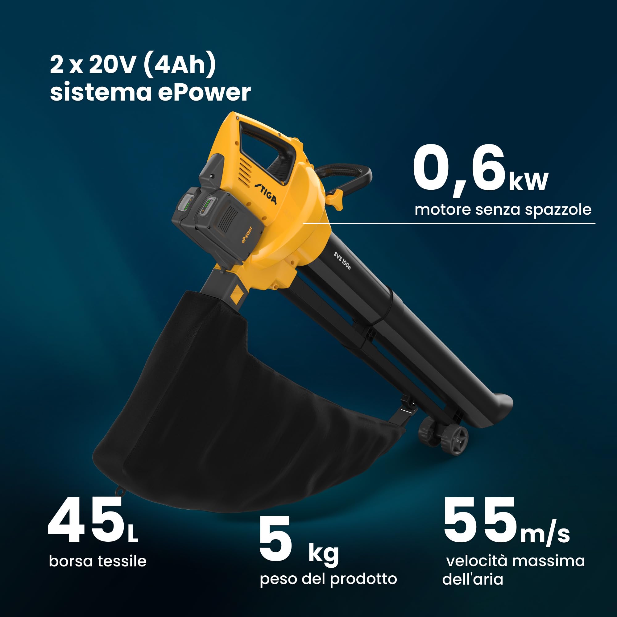STIGA SVS 100e Kit Soffiatore-Aspiratore Trituratore 3-in-1, 20 V 2x4 Ah – Motore Brushless 600 W, Sacco 45 L – Per Giardinaggio Domestico